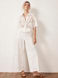 Mint Velvet Broderie Anglaise Wide Leg Trousers, White Ivory