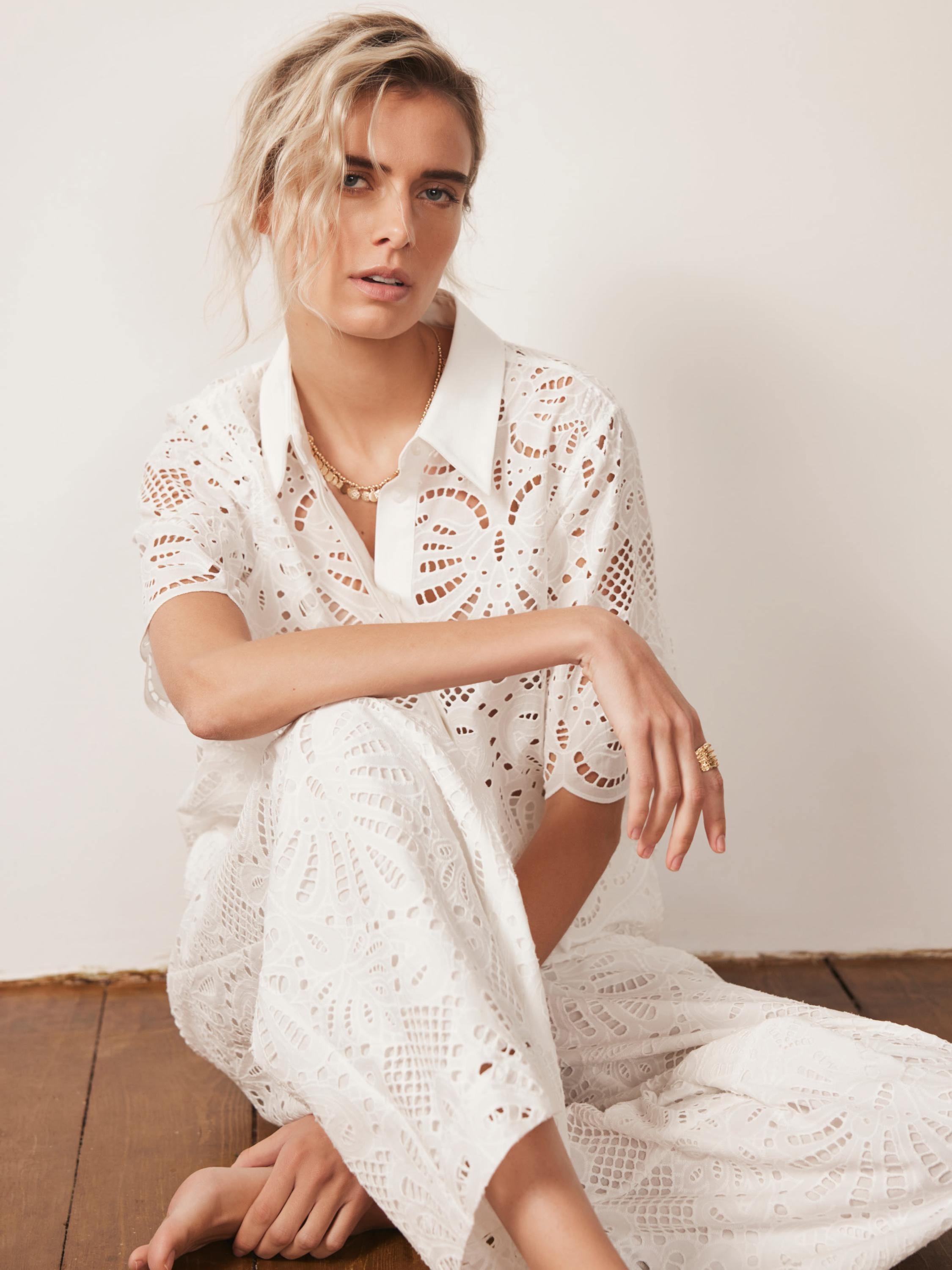 Product image 3 of 7, which shows Mint Velvet Broderie Anglaise Wide Leg Trousers, White Ivory, S Reg
