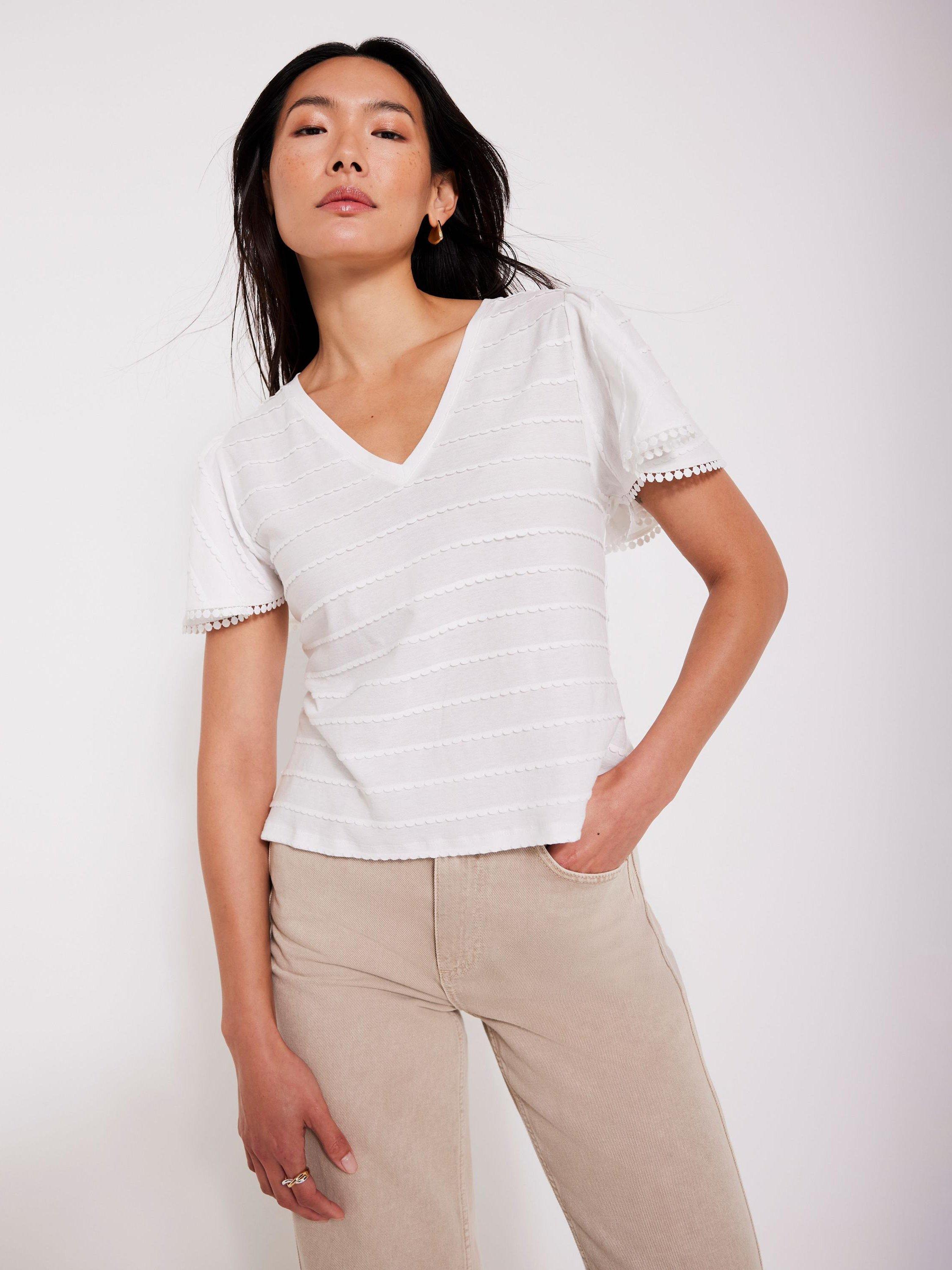 Product image 1 of 7, which shows Mint Velvet Scallop Stripe V-Neck Top, Ivory, S