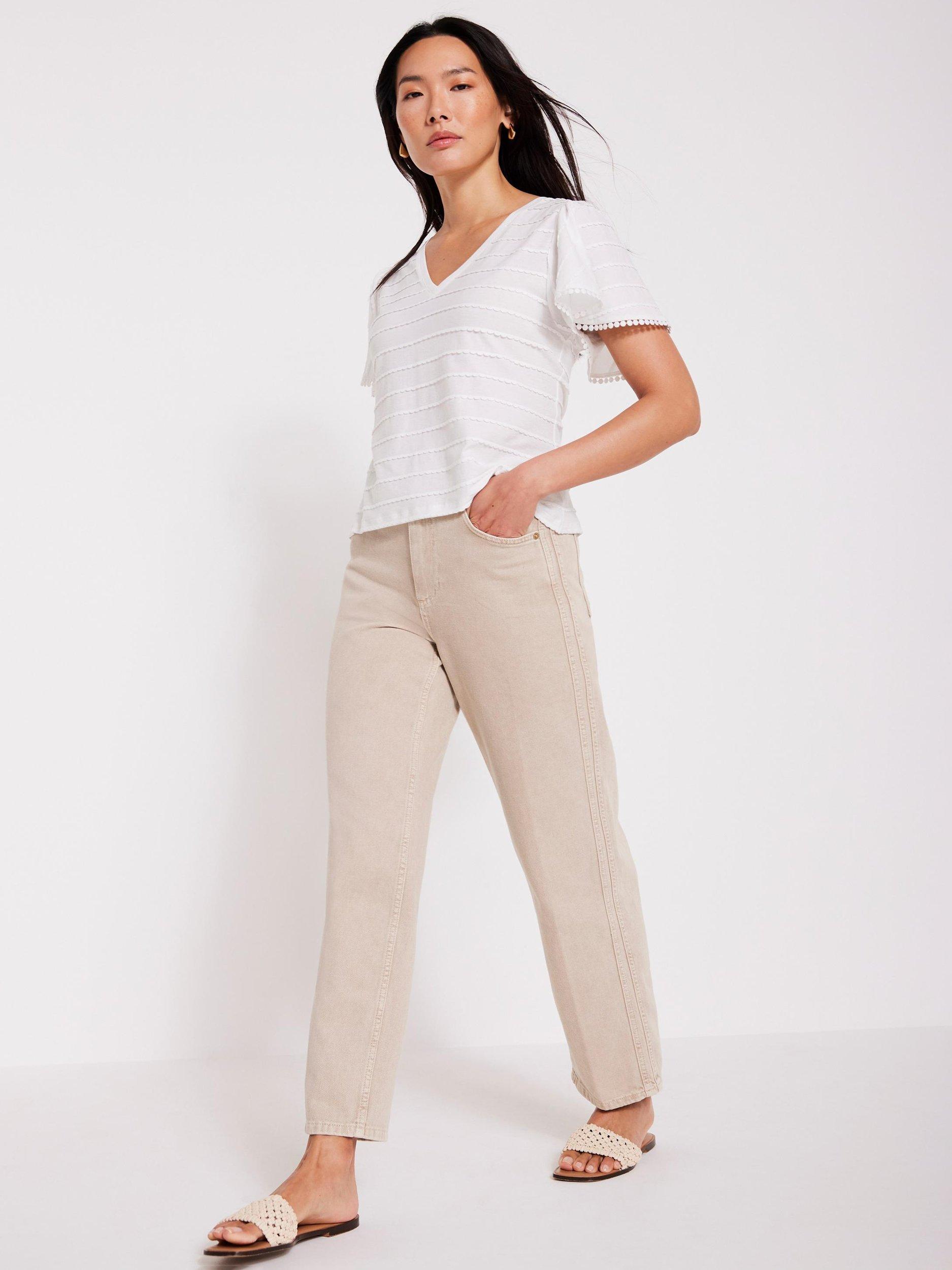 Product image 4 of 7, which shows Mint Velvet Scallop Stripe V-Neck Top, Ivory, S