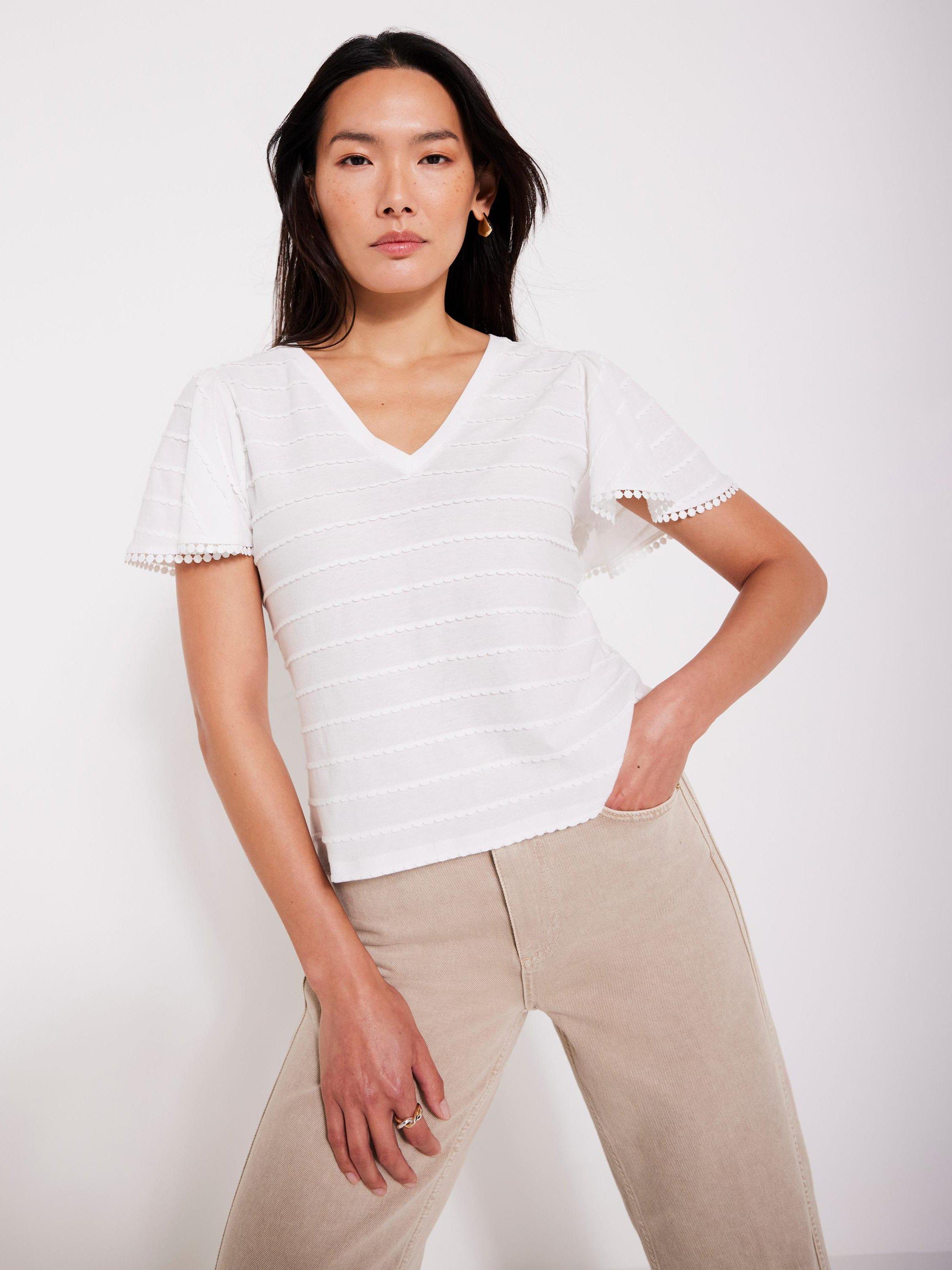 Product image 5 of 7, which shows Mint Velvet Scallop Stripe V-Neck Top, Ivory, S