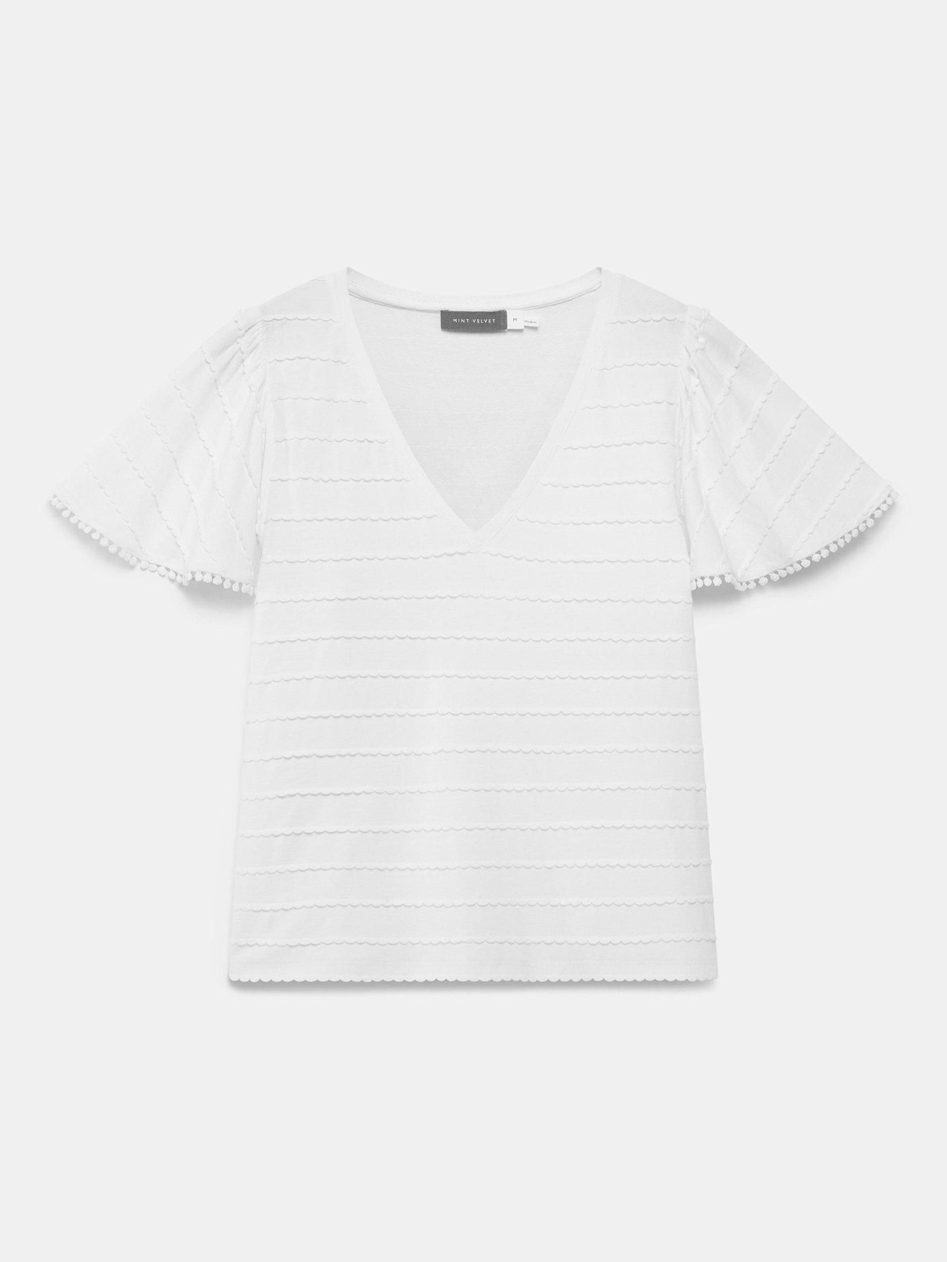 Product image 6 of 7, which shows Mint Velvet Scallop Stripe V-Neck Top, Ivory, S