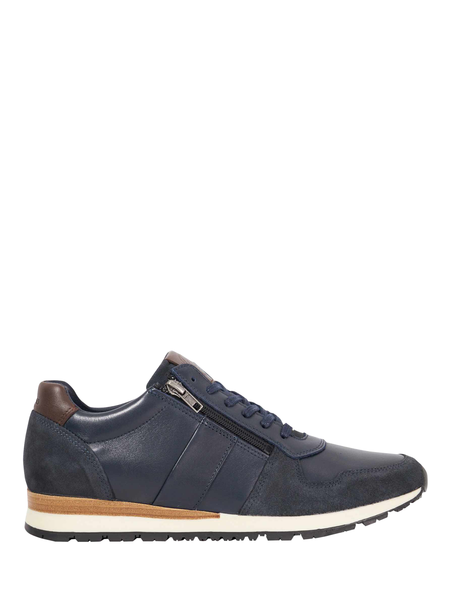 Product image 1 of 6, which shows Dune London Thame Leather Zip Up Wedge Trainers, Navy, EU40