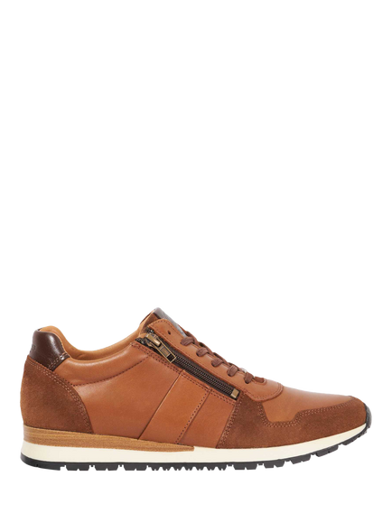 Dune Thame Leather Zip Trainers, Tan, Tan