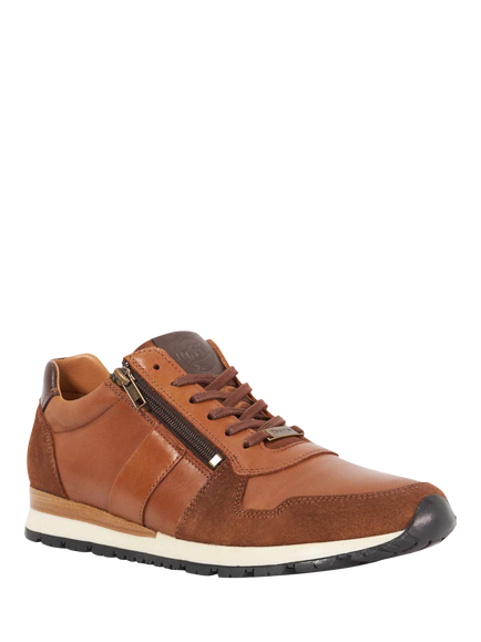 Dune Thame Leather Zip Trainers, Tan - view 2, Tan