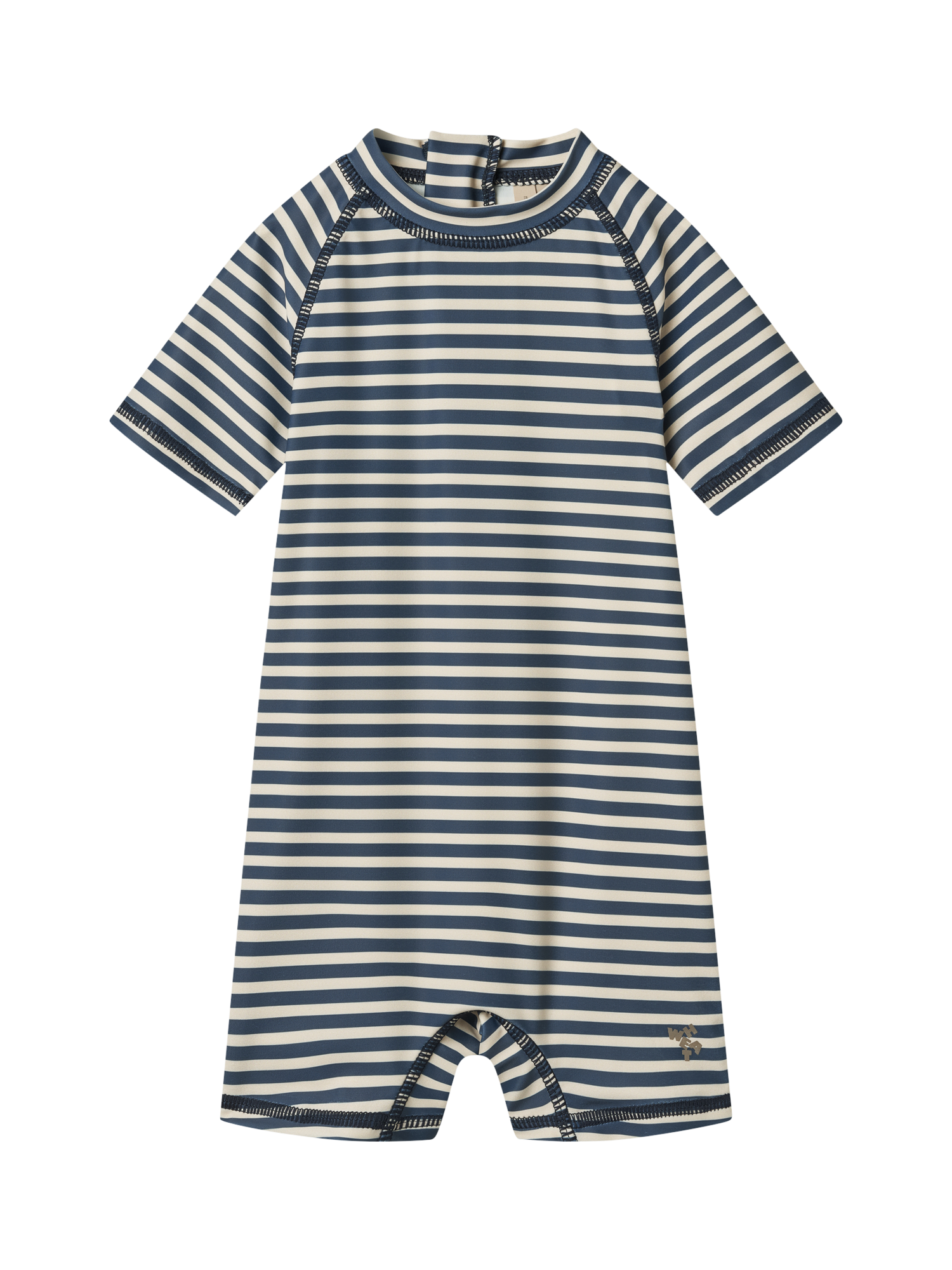 Product image 1 of 3, which shows WHEAT Baby UPF 40+ Zip-Up Swimsuit, 1048 Blue Stripe, 18 months