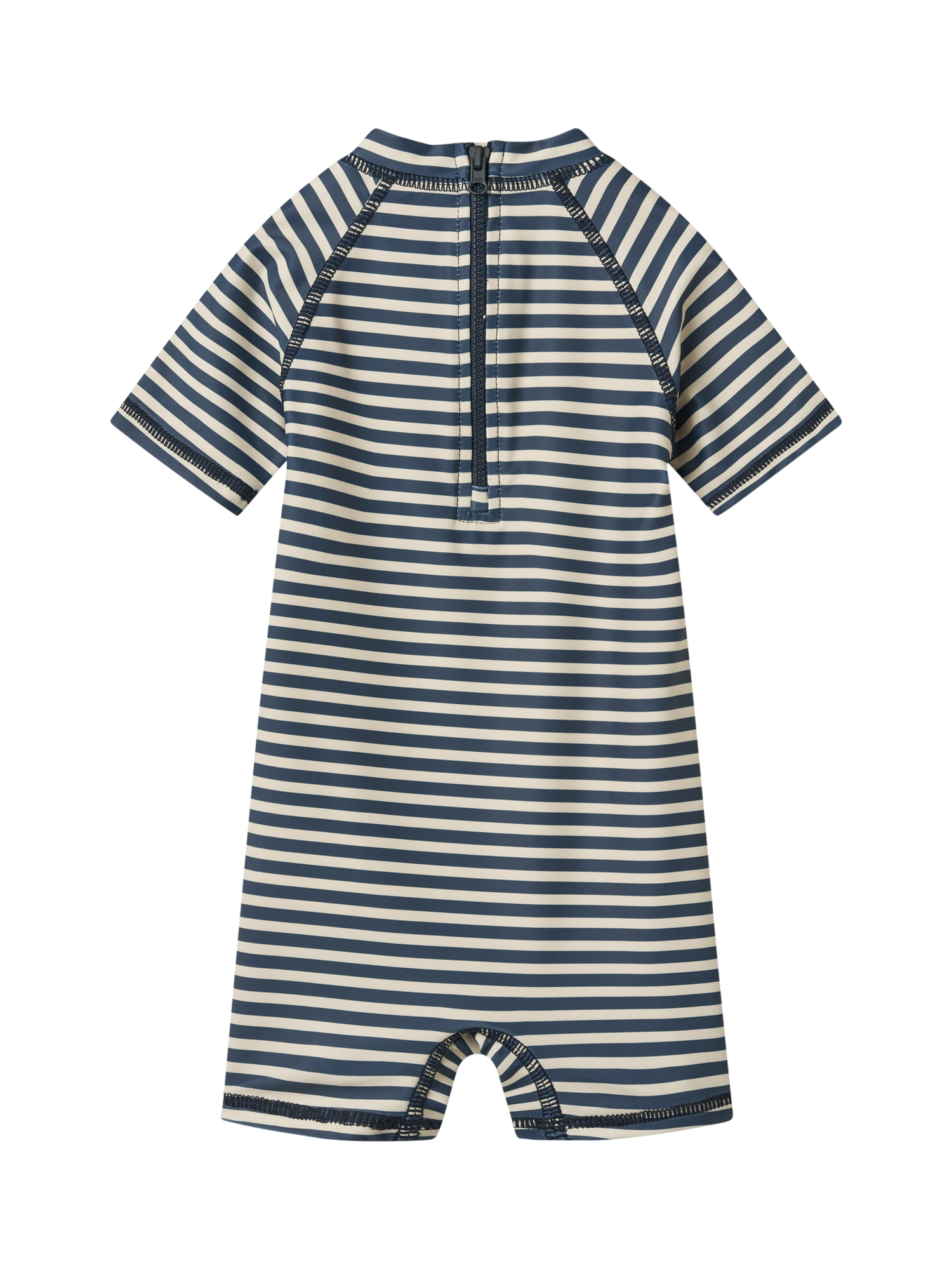 Product image 2 of 3, which shows WHEAT Baby UPF 40+ Zip-Up Swimsuit, 1048 Blue Stripe, 18 months
