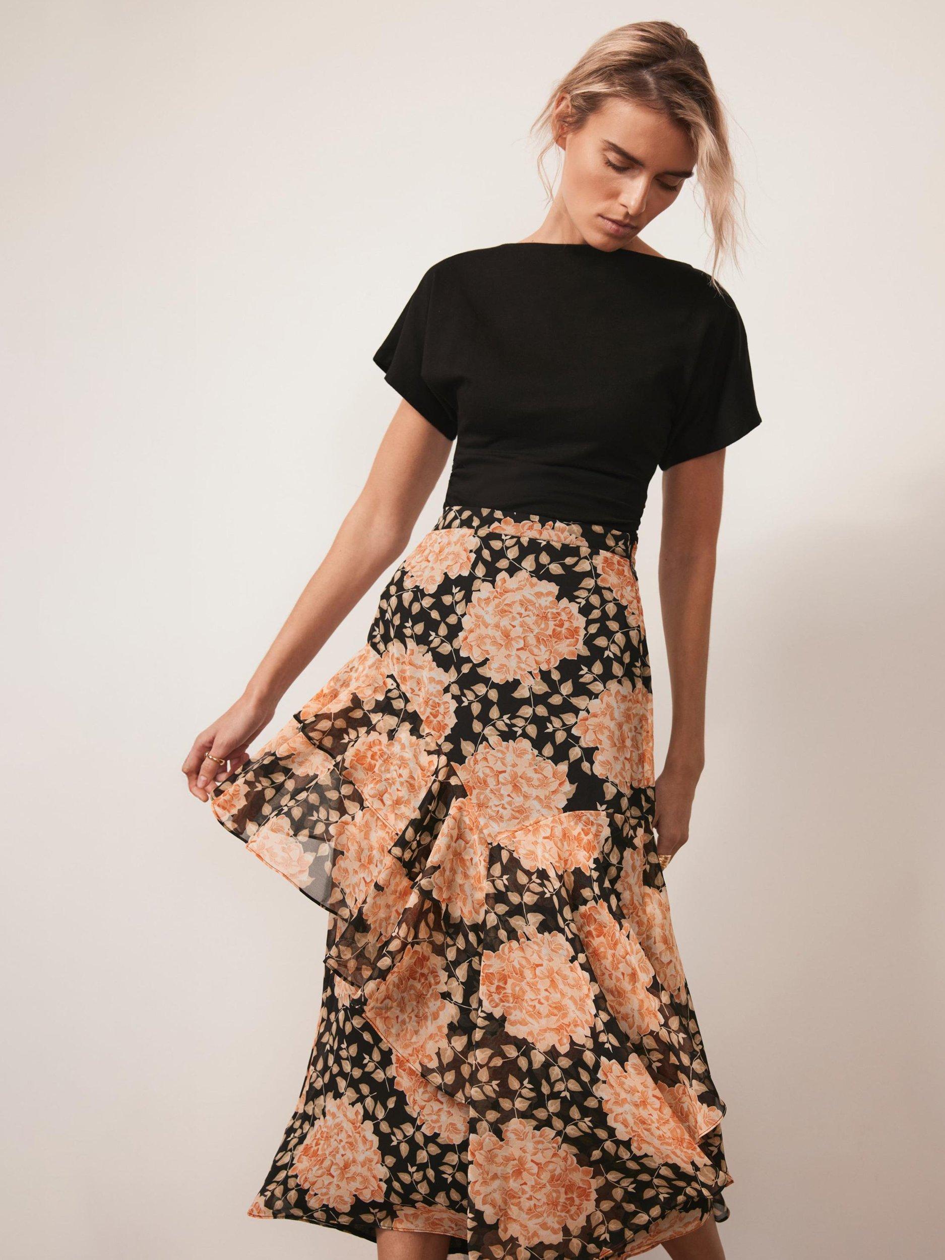 Product image 1 of 7, which shows Mint Velvet Ruffle Floral Midi Skirt, Orange Multi Orange, 10