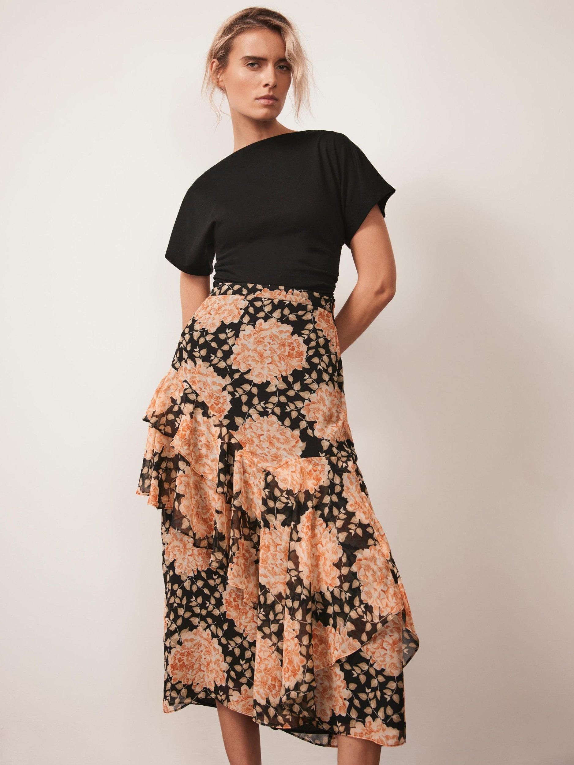 Product image 3 of 7, which shows Mint Velvet Ruffle Floral Midi Skirt, Orange Multi Orange, 10