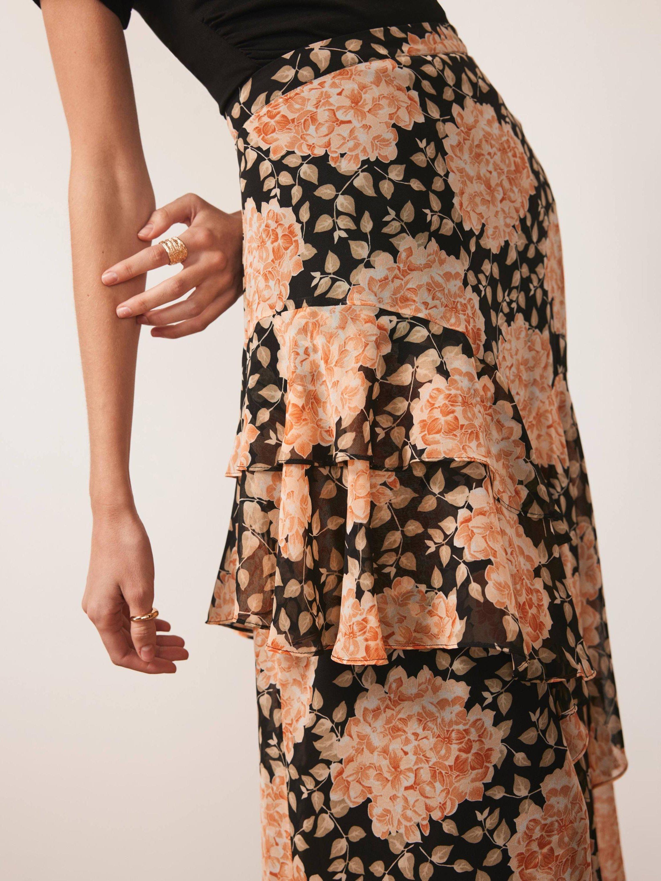 Product image 5 of 7, which shows Mint Velvet Ruffle Floral Midi Skirt, Orange Multi Orange, 10