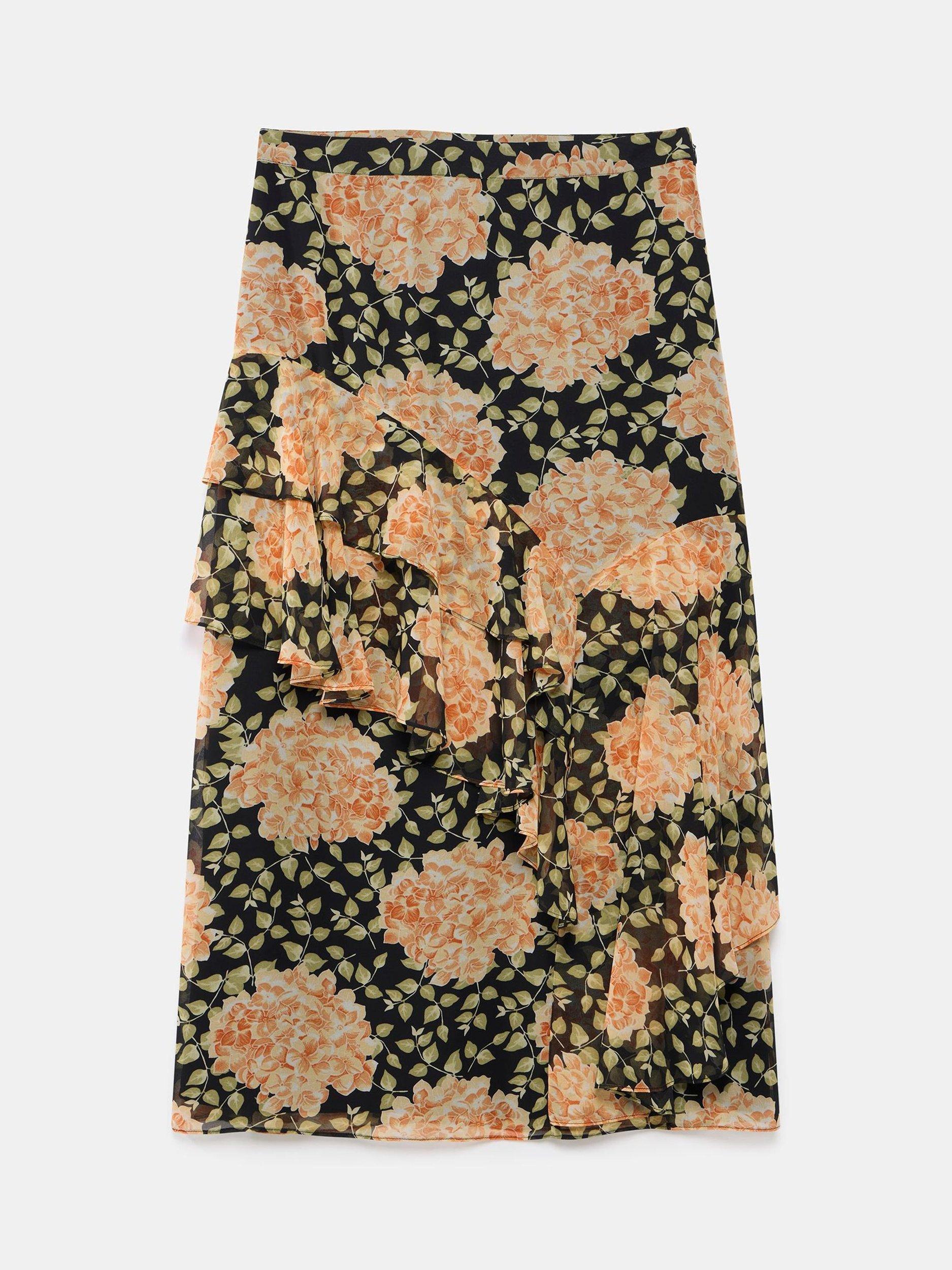 Product image 6 of 7, which shows Mint Velvet Ruffle Floral Midi Skirt, Orange Multi Orange, 10