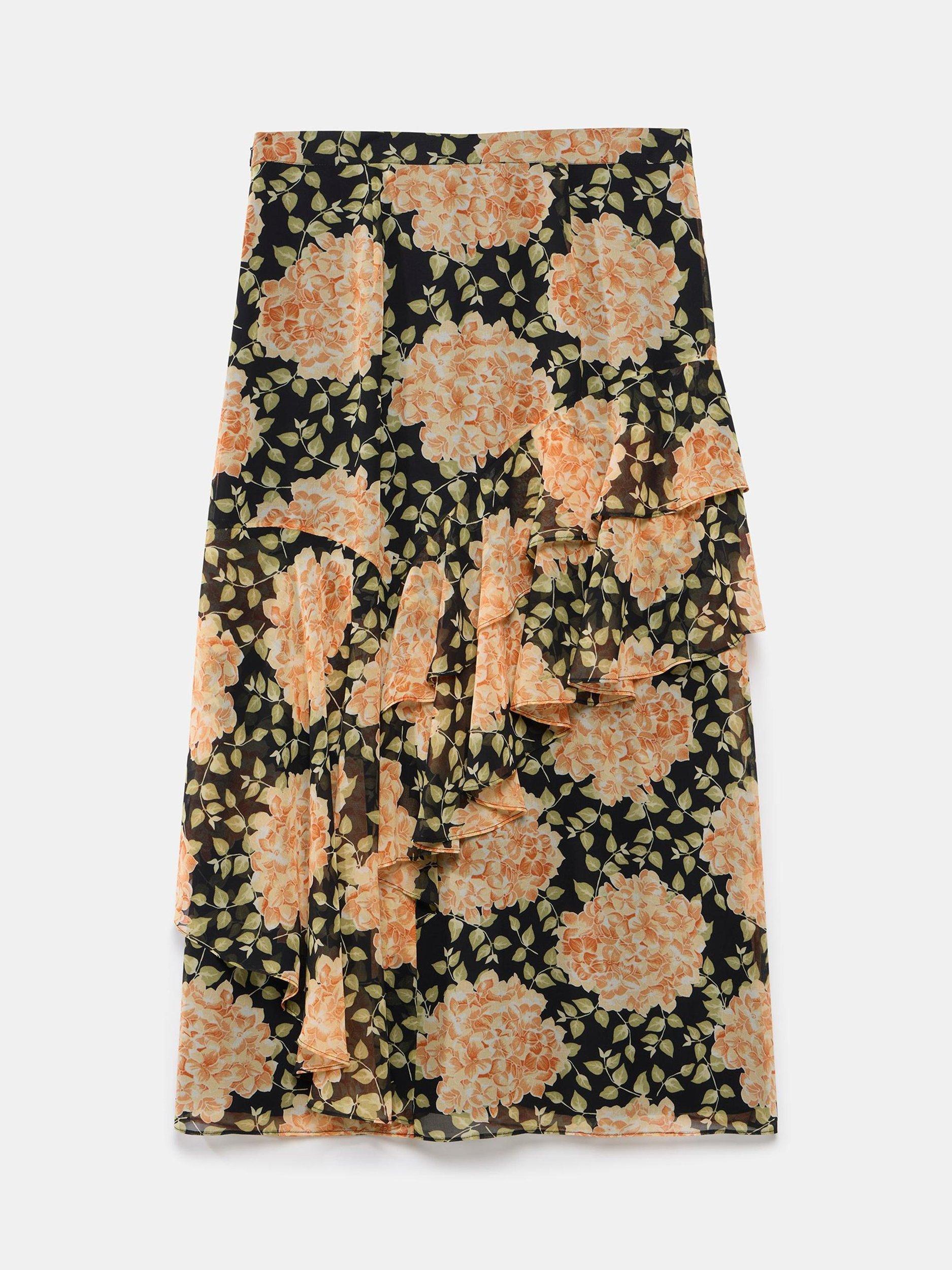 Product image 7 of 7, which shows Mint Velvet Ruffle Floral Midi Skirt, Orange Multi Orange, 10