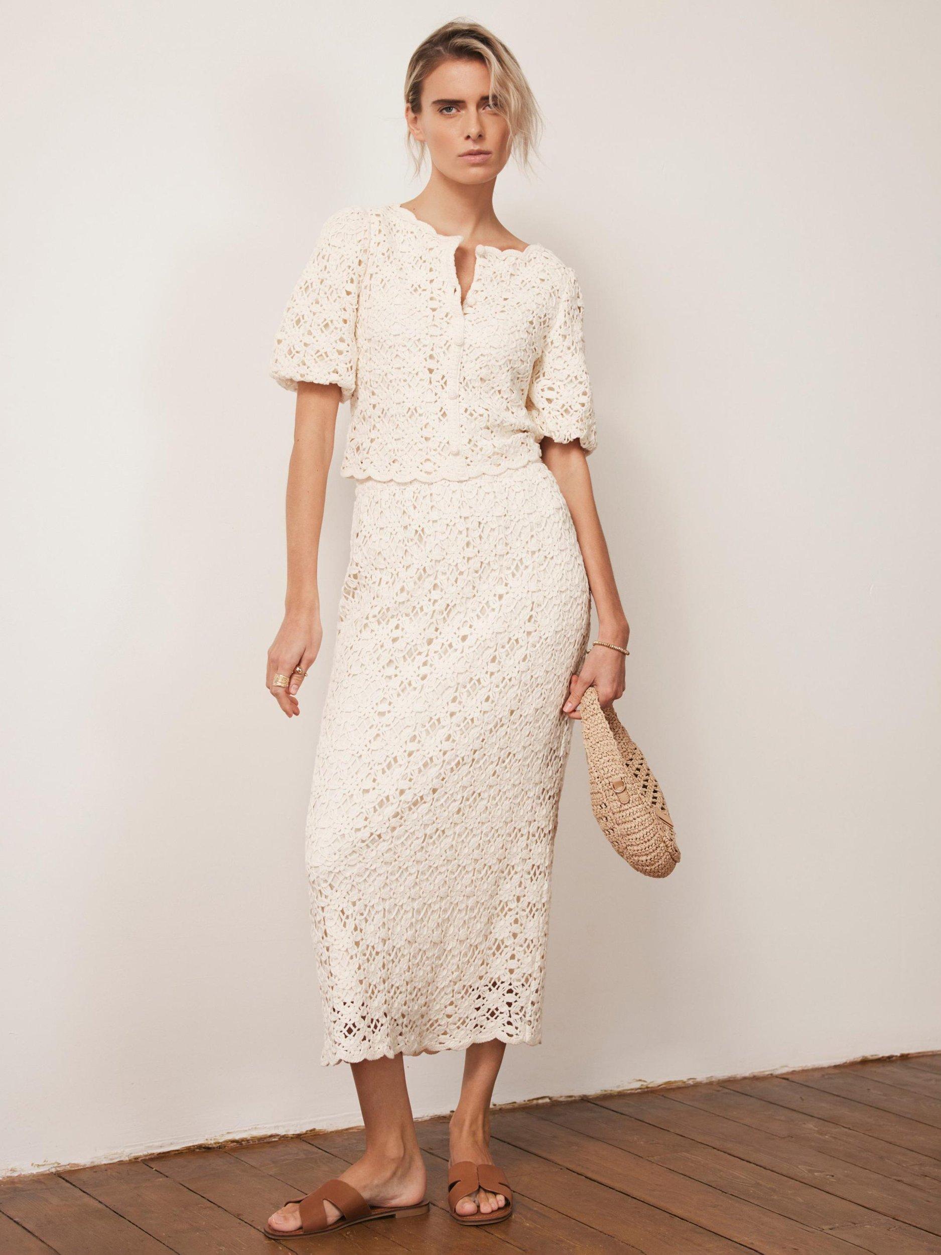 Mint Velvet Crochet Knit Midi Skirt, White Ivory
