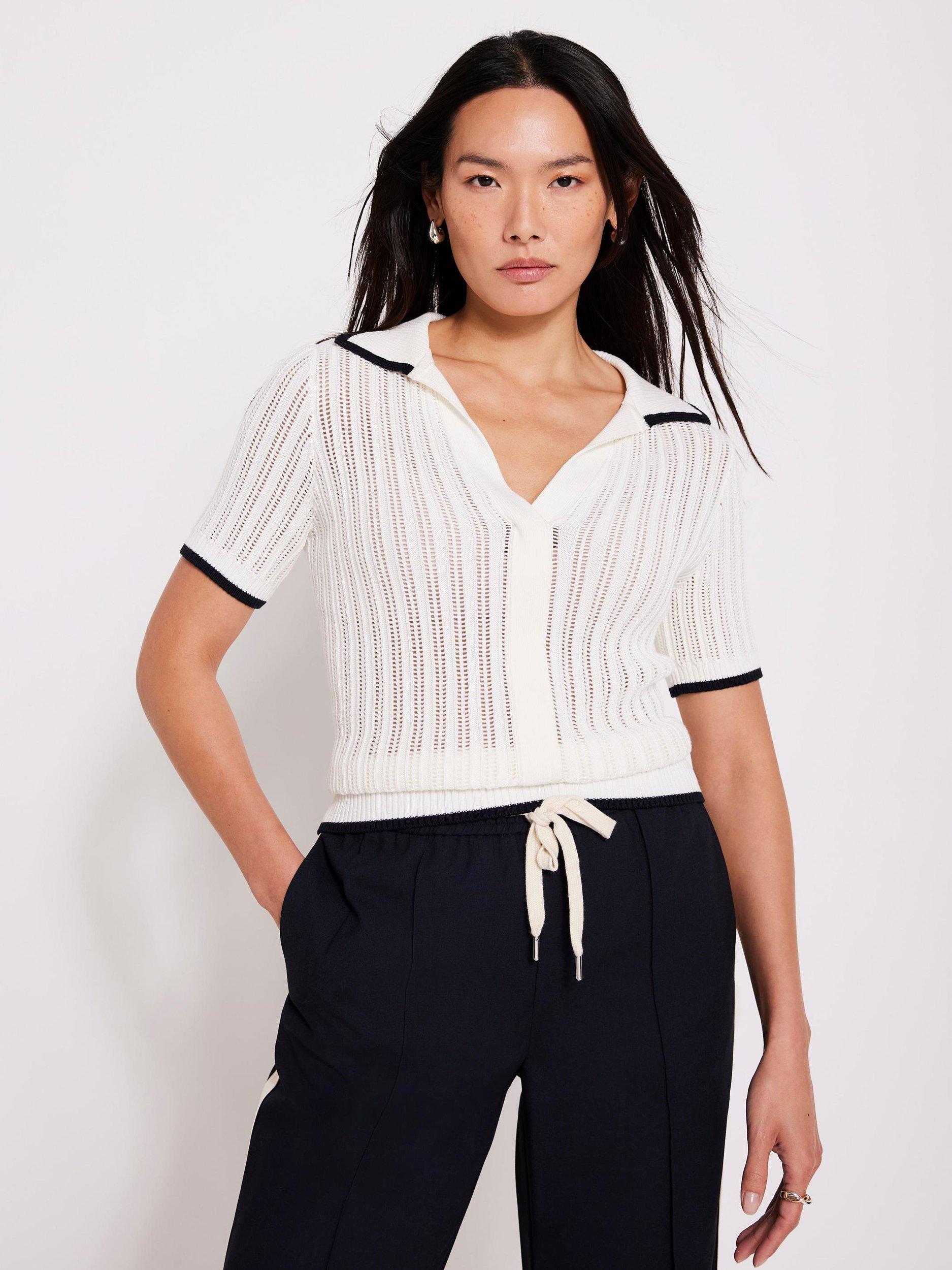 Product image 1 of 7, which shows Mint Velvet Open Stitch Polo Top, Ivory, XS