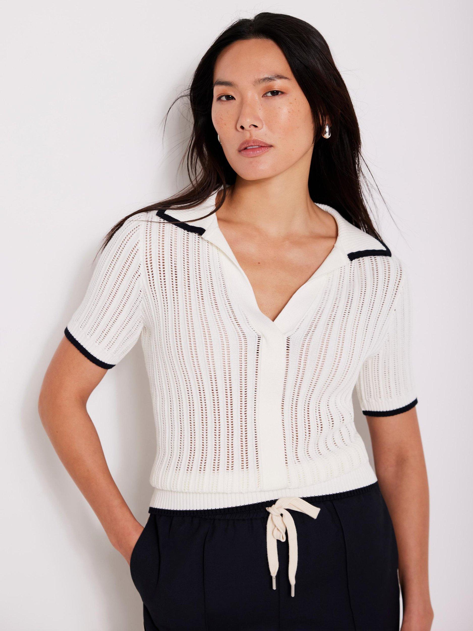 Product image 4 of 7, which shows Mint Velvet Open Stitch Polo Top, Ivory, XS