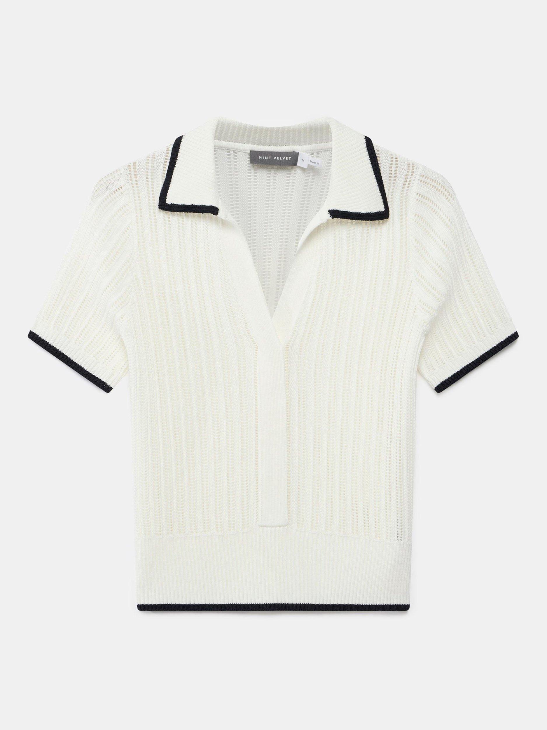 Product image 6 of 7, which shows Mint Velvet Open Stitch Polo Top, Ivory, XS