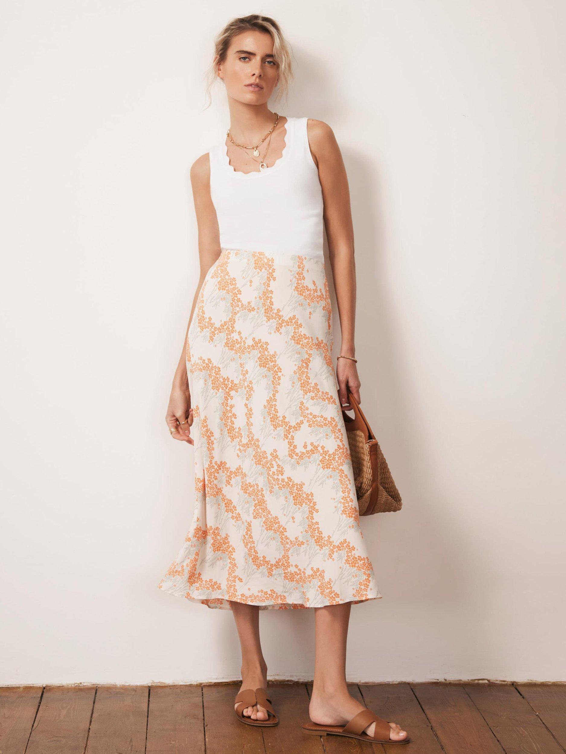 Product image 1 of 7, which shows Mint Velvet Floral Midi Slip Skirt, Cream/Orange, XS