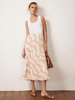 Mint Velvet Floral Midi Slip Skirt, Cream/Orange, Cream/Orange