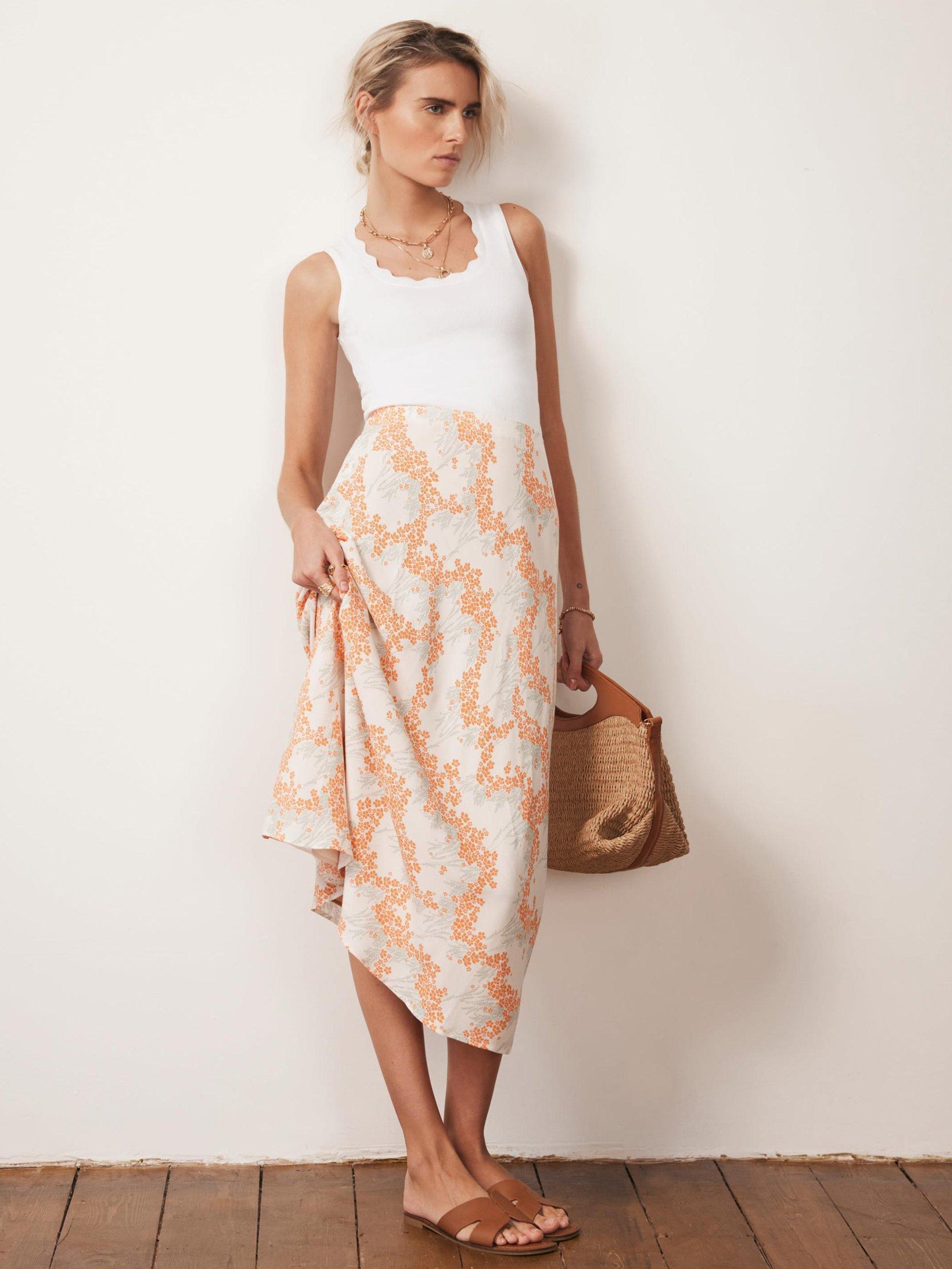 Product image 3 of 7, which shows Mint Velvet Floral Midi Slip Skirt, Cream/Orange, XS