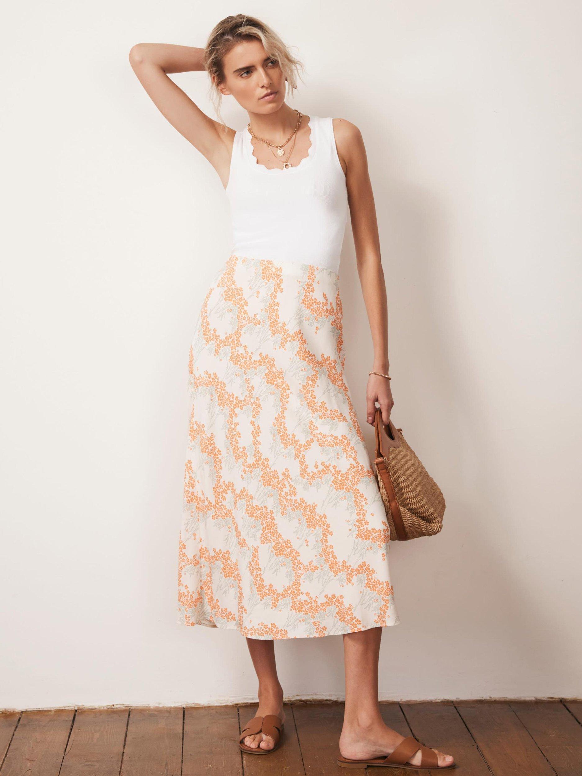 Product image 4 of 7, which shows Mint Velvet Floral Midi Slip Skirt, Cream/Orange, XS