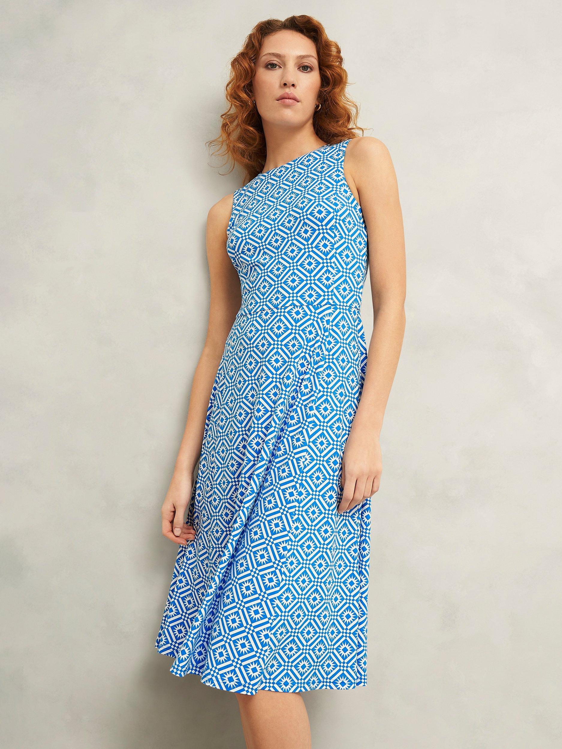 Product image 1 of 7, which shows Hobbs Lisa Geometric Print Petite Dress, Blue/Ivory, 10