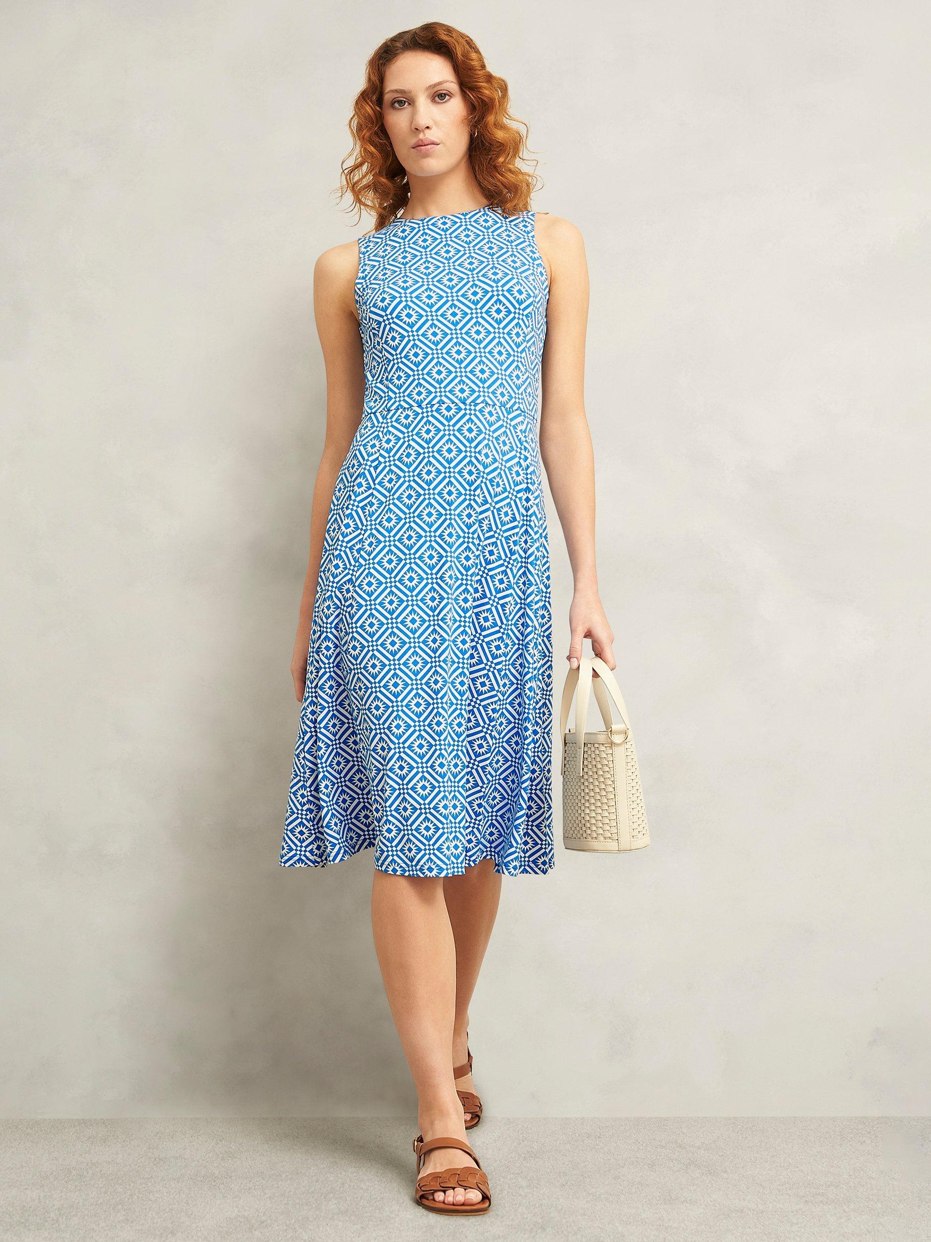 Product image 5 of 7, which shows Hobbs Lisa Geometric Print Petite Dress, Blue/Ivory, 10