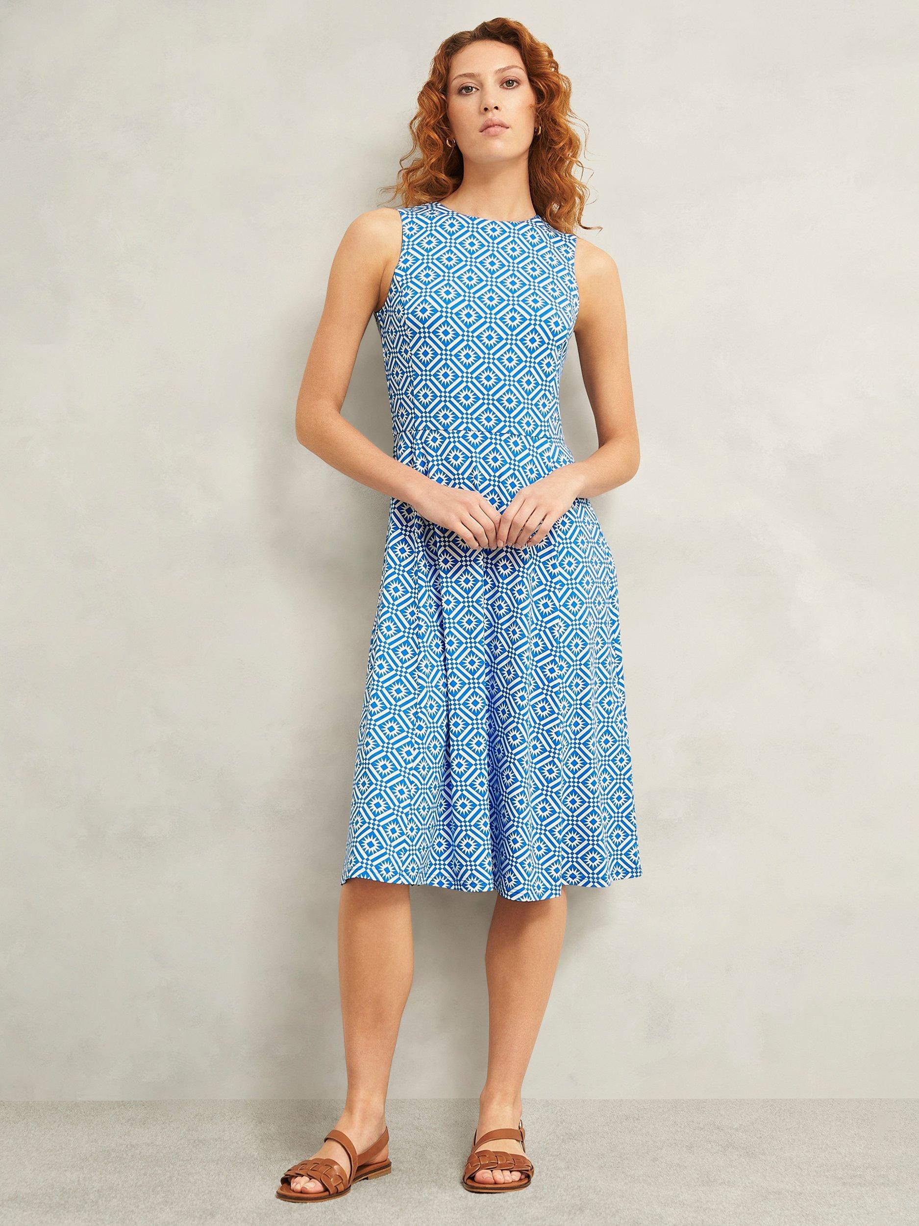 Product image 6 of 7, which shows Hobbs Lisa Geometric Print Petite Dress, Blue/Ivory, 10