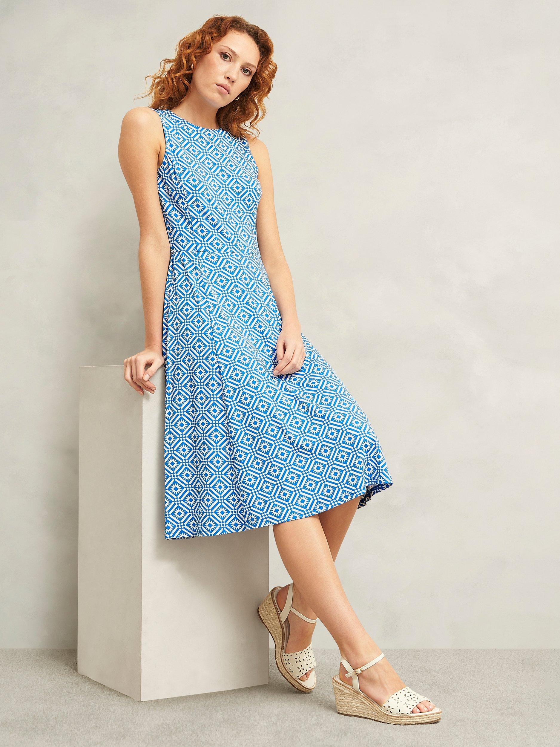 Product image 7 of 7, which shows Hobbs Lisa Geometric Print Petite Dress, Blue/Ivory, 10