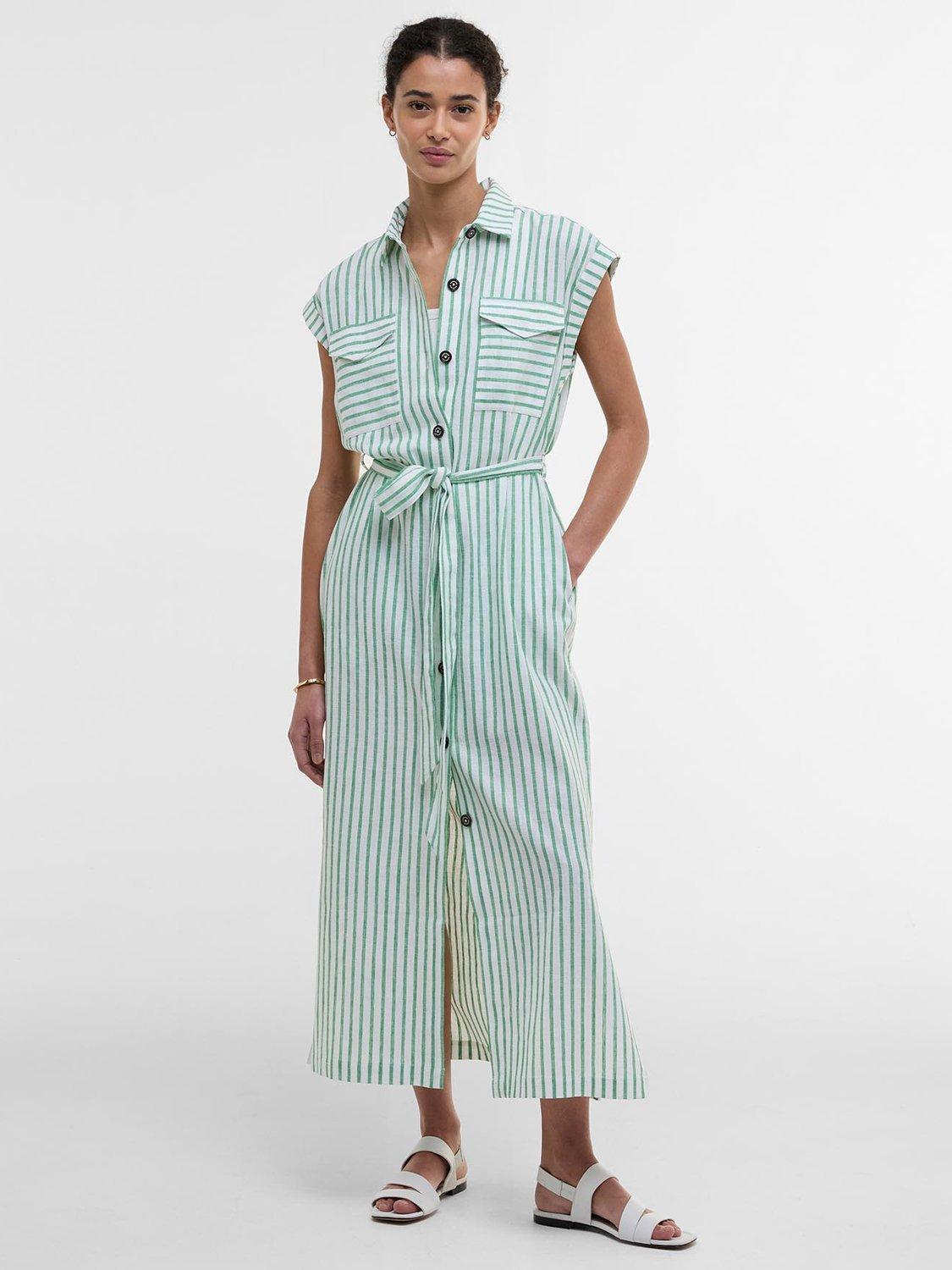 Product image 3 of 8, which shows Barbour Abby Striped Mixed Blend Midi Dress, Kelly Green/White, 12