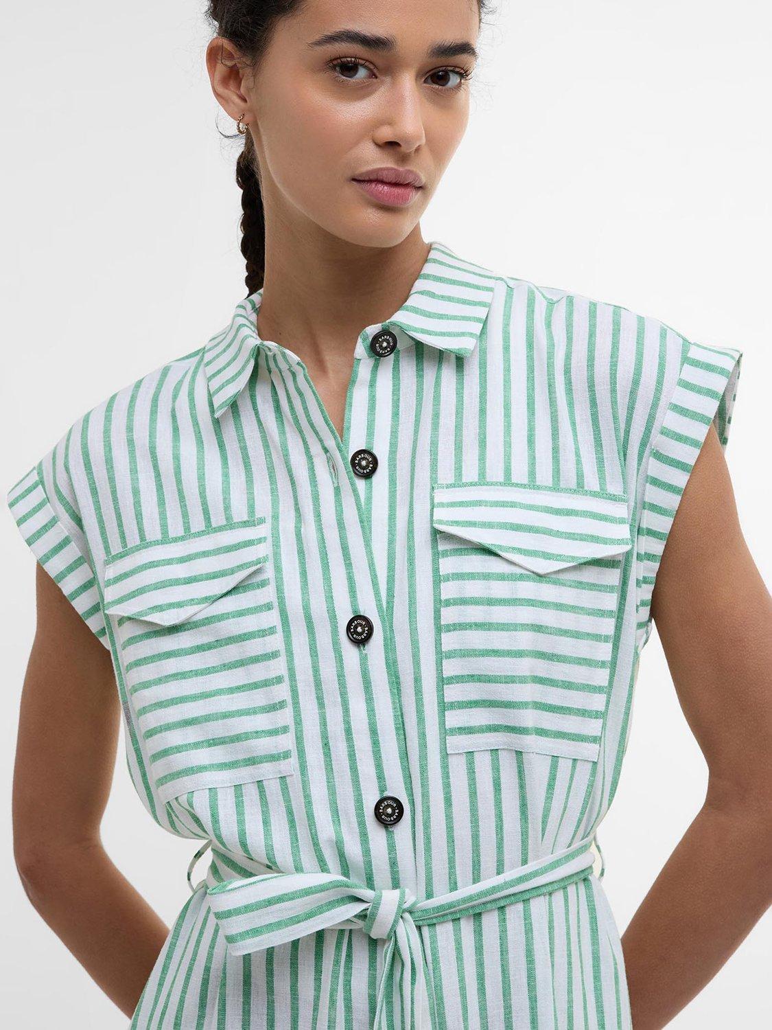 Product image 5 of 8, which shows Barbour Abby Striped Mixed Blend Midi Dress, Kelly Green/White, 12
