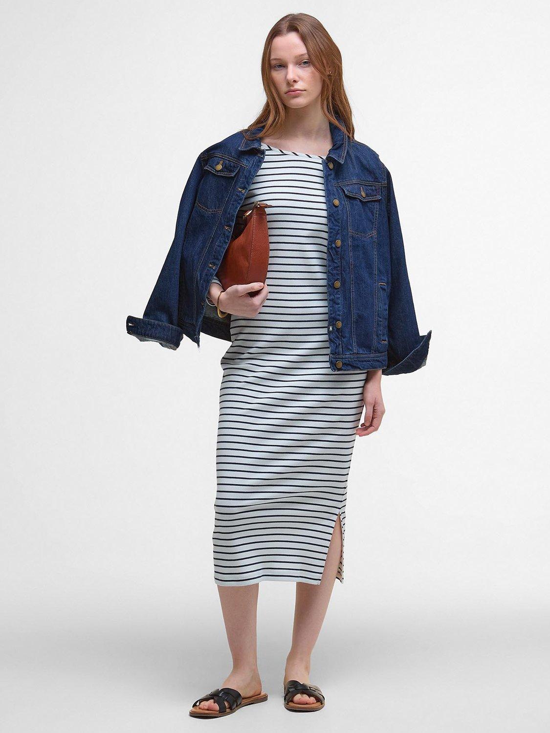 Product image 1 of 6, which shows Barbour Blake Striped Stretch Cotton Blend Midi Dress, Cloud/Black, 10
