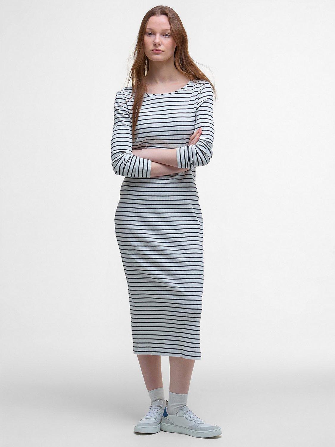 Product image 3 of 6, which shows Barbour Blake Striped Stretch Cotton Blend Midi Dress, Cloud/Black, 10