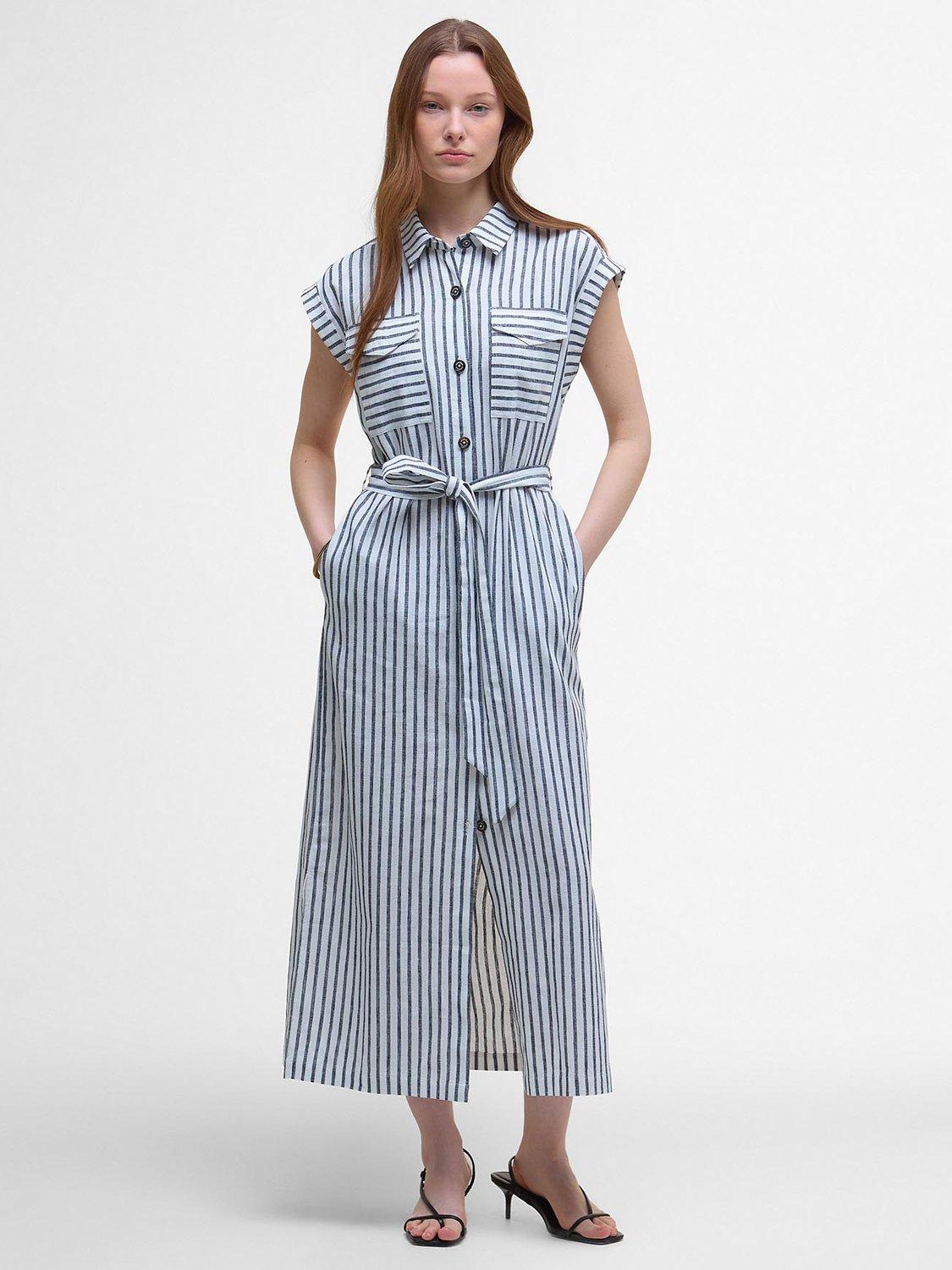 Product image 1 of 6, which shows Barbour Abby Striped Mixed Blend Midi Dress, Navy/White, 8