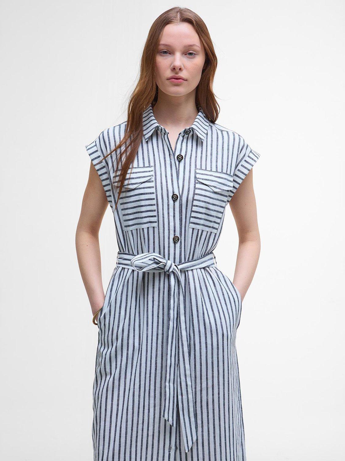 Product image 5 of 6, which shows Barbour Abby Striped Mixed Blend Midi Dress, Navy/White, 8