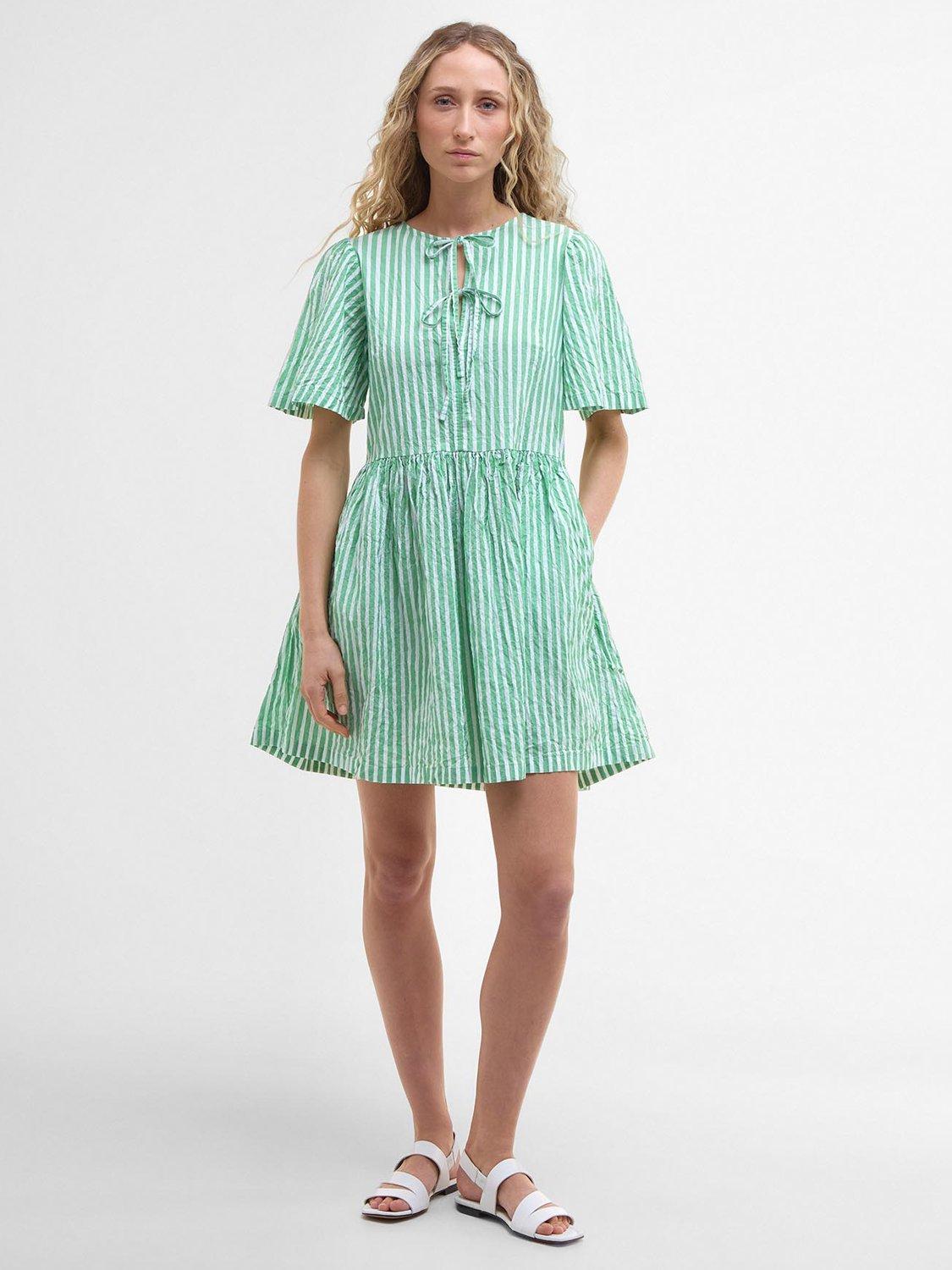 Product image 1 of 8, which shows Barbour Daison Striped Cotton Mini Dress, Kelly Green/Multi, 10