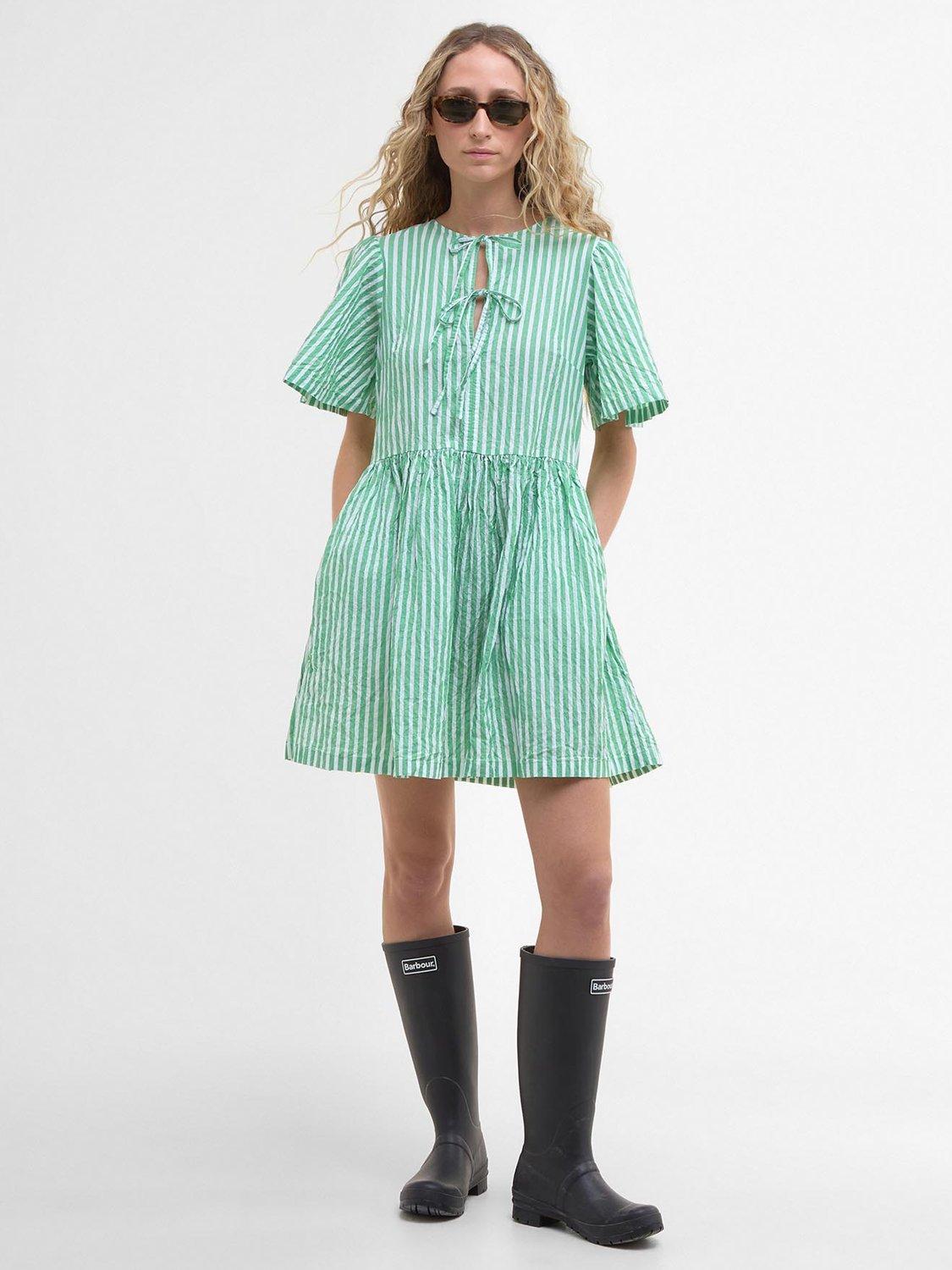 Product image 3 of 8, which shows Barbour Daison Striped Cotton Mini Dress, Kelly Green/Multi, 10