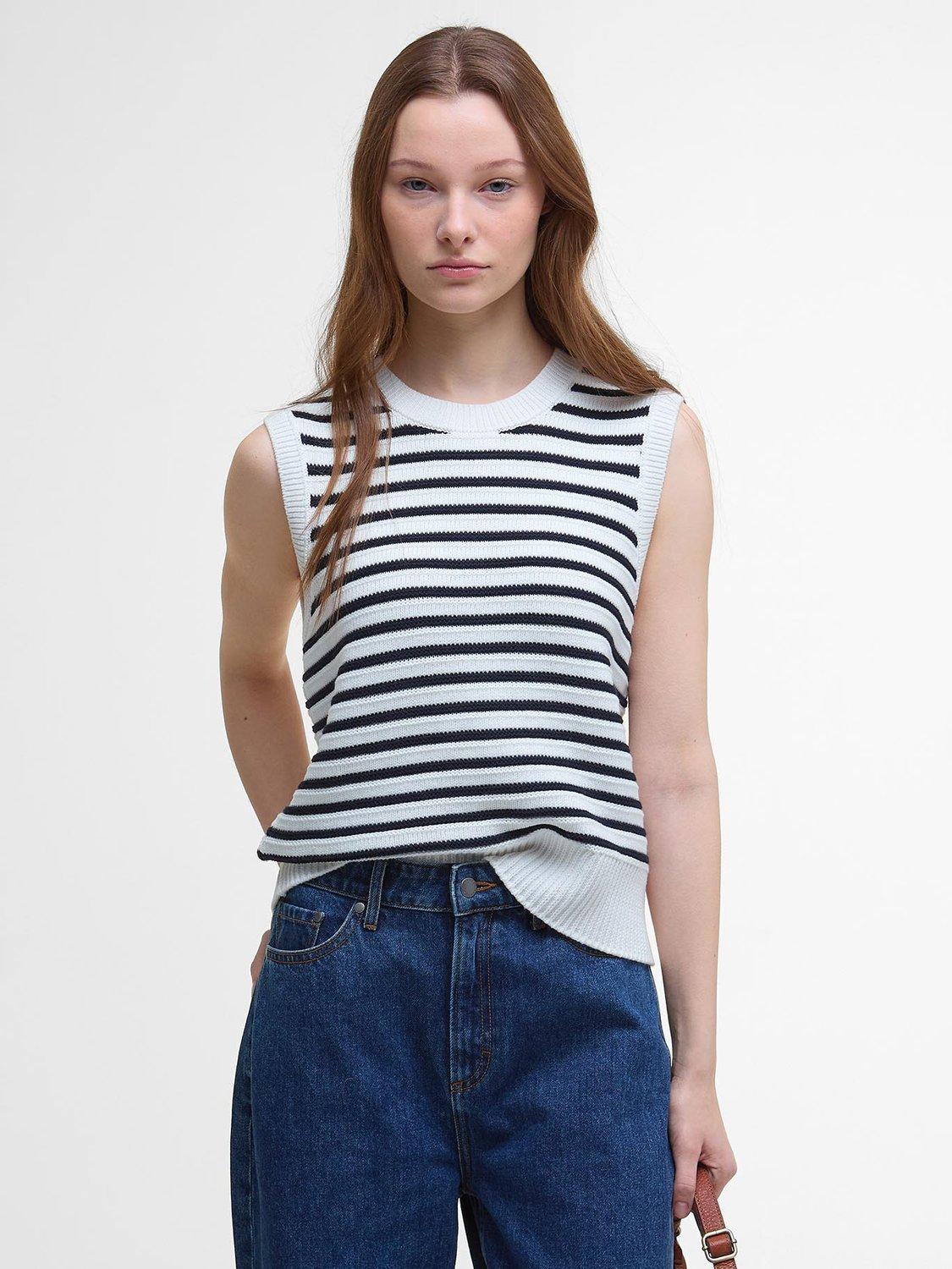 Product image 1 of 6, which shows Barbour Emberly Maritime Striped Knitted Sweater Vest, Cloud/Navy, 10
