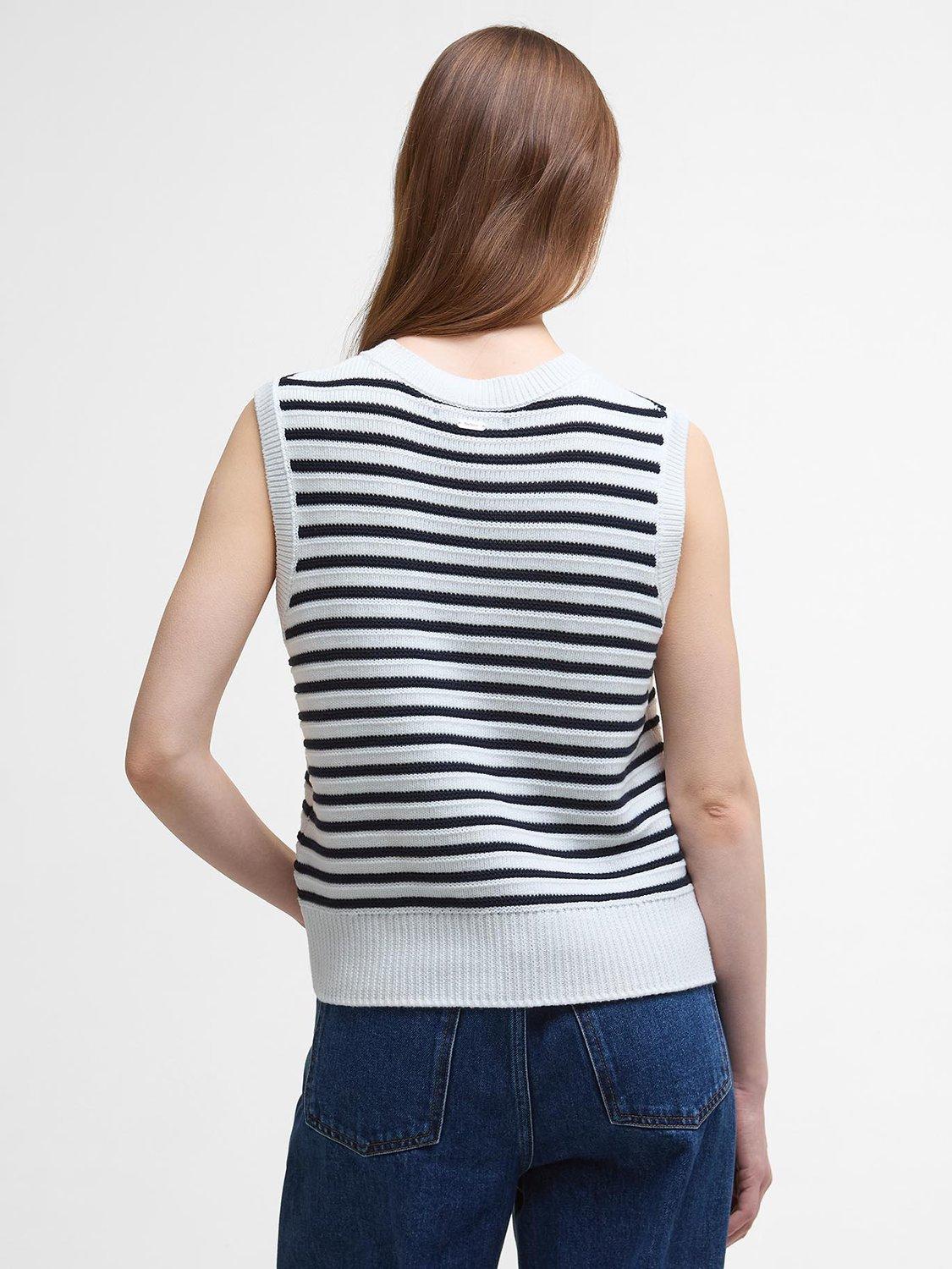 Product image 2 of 6, which shows Barbour Emberly Maritime Striped Knitted Sweater Vest, Cloud/Navy, 10