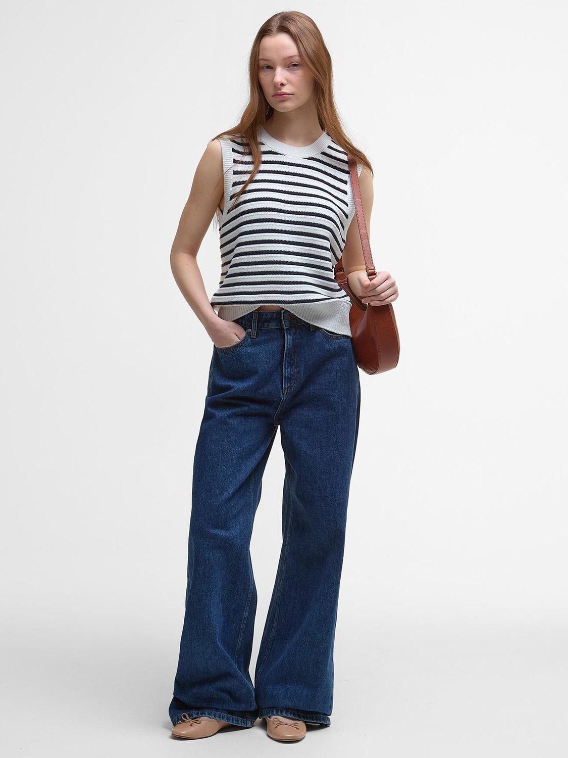 Product image 3 of 6, which shows Barbour Emberly Maritime Striped Knitted Sweater Vest, Cloud/Navy, 10