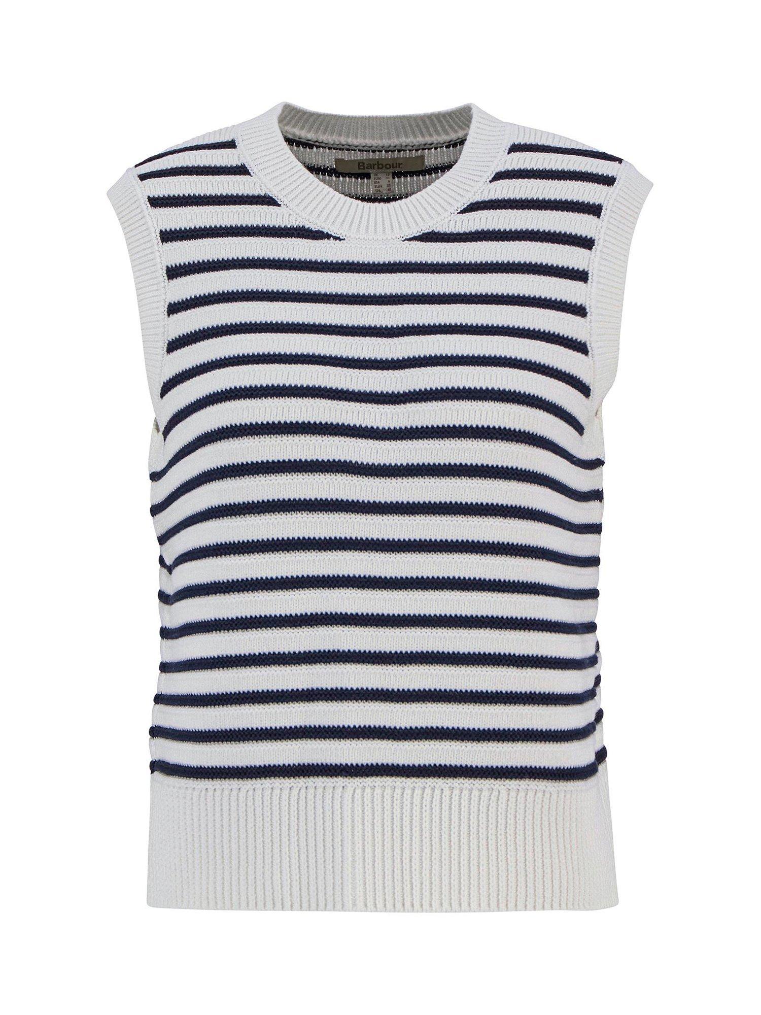 Product image 4 of 6, which shows Barbour Emberly Maritime Striped Knitted Sweater Vest, Cloud/Navy, 10