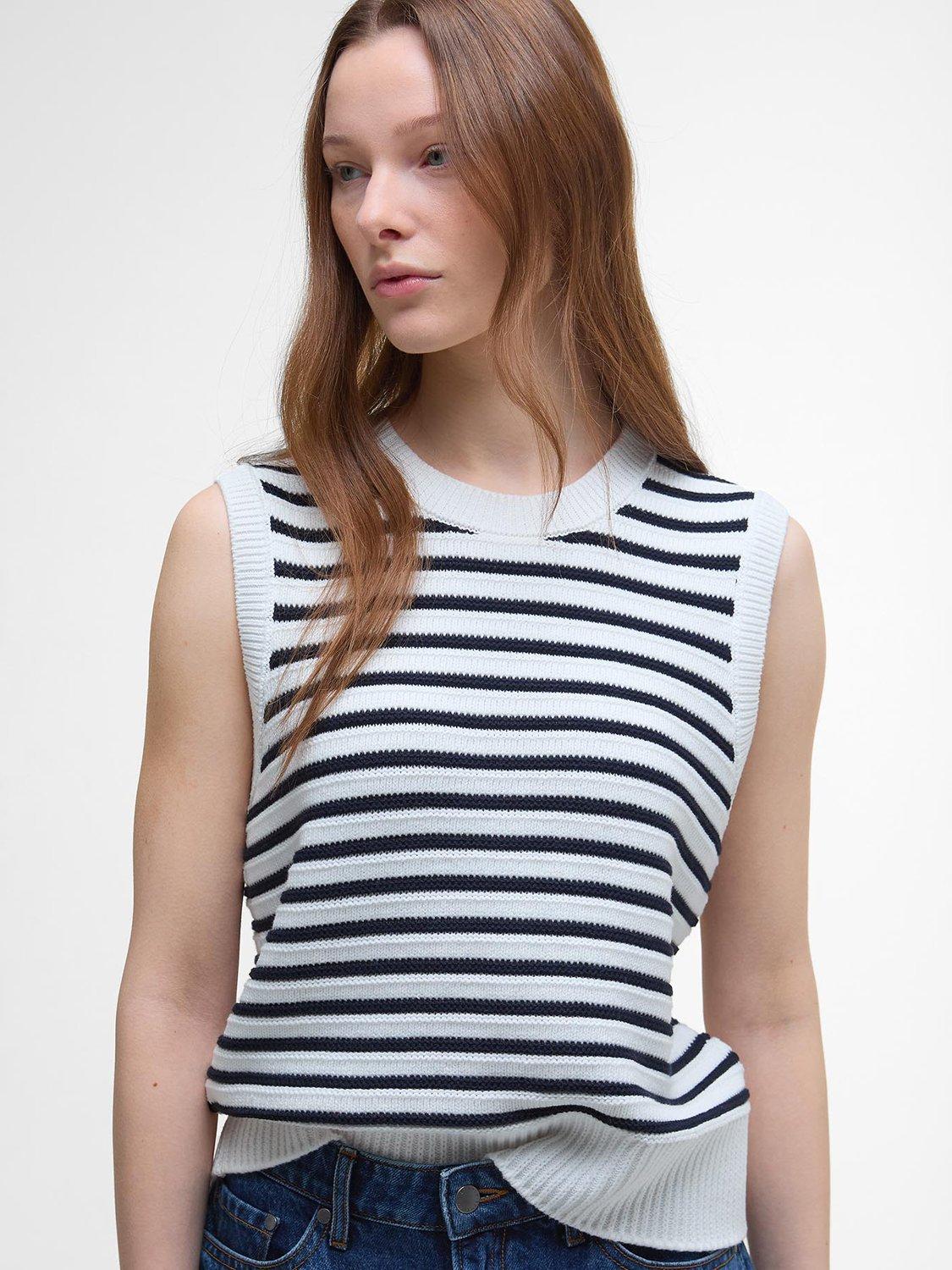 Product image 5 of 6, which shows Barbour Emberly Maritime Striped Knitted Sweater Vest, Cloud/Navy, 10