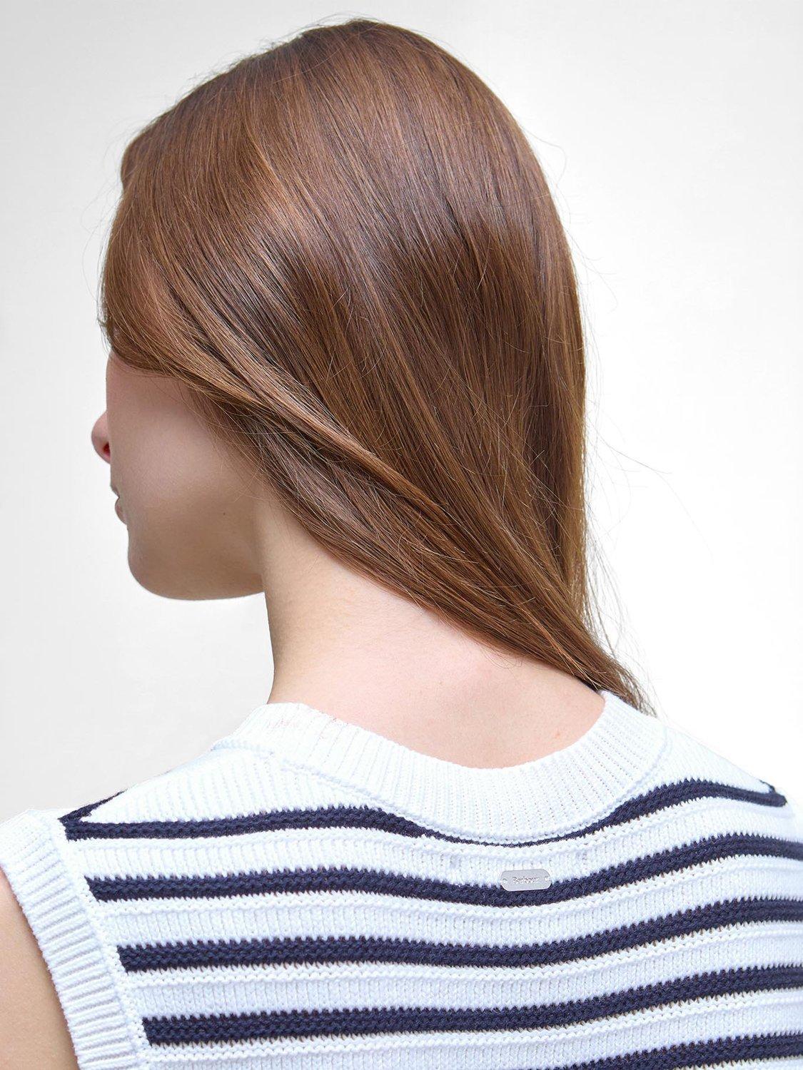 Product image 6 of 6, which shows Barbour Emberly Maritime Striped Knitted Sweater Vest, Cloud/Navy, 10