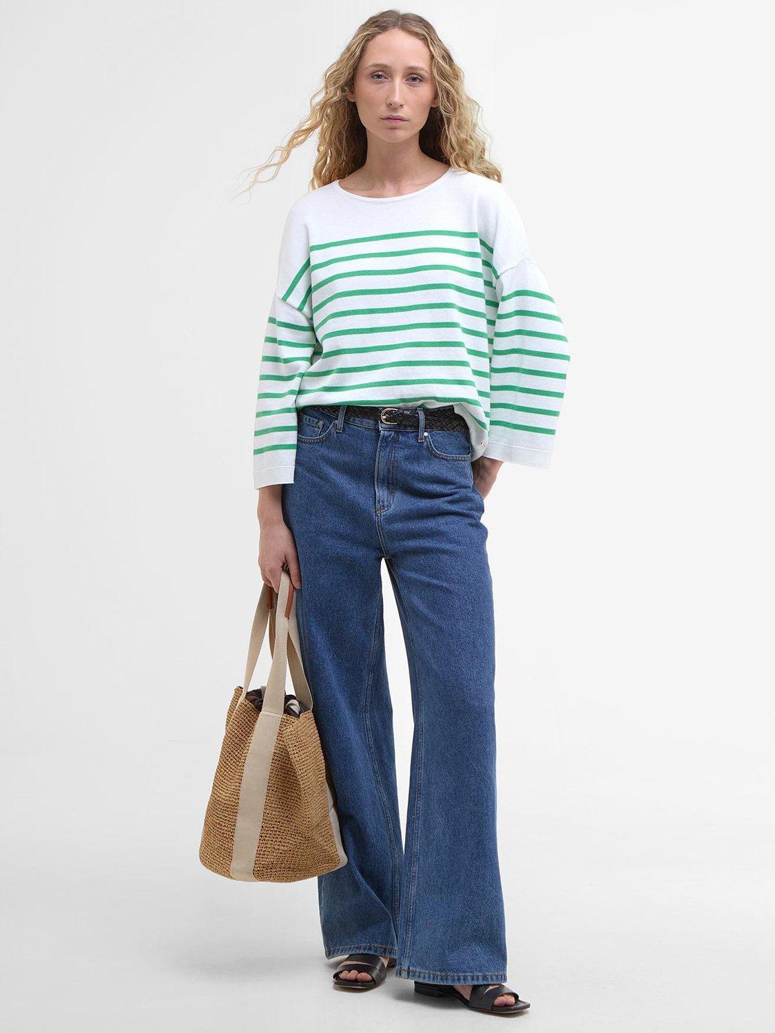 Product image 3 of 7, which shows Barbour Kayleigh Pima Cotton Knitted Crew Neck Jumper, Cloud/Kelly Green, 10