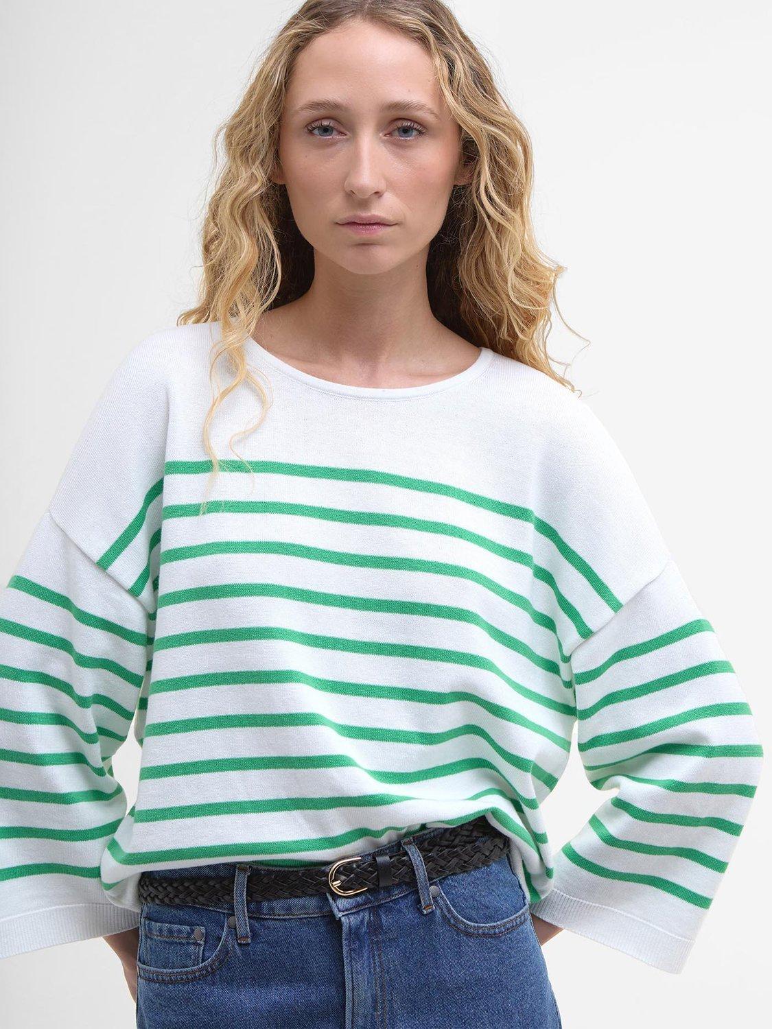 Product image 5 of 7, which shows Barbour Kayleigh Pima Cotton Knitted Crew Neck Jumper, Cloud/Kelly Green, 10