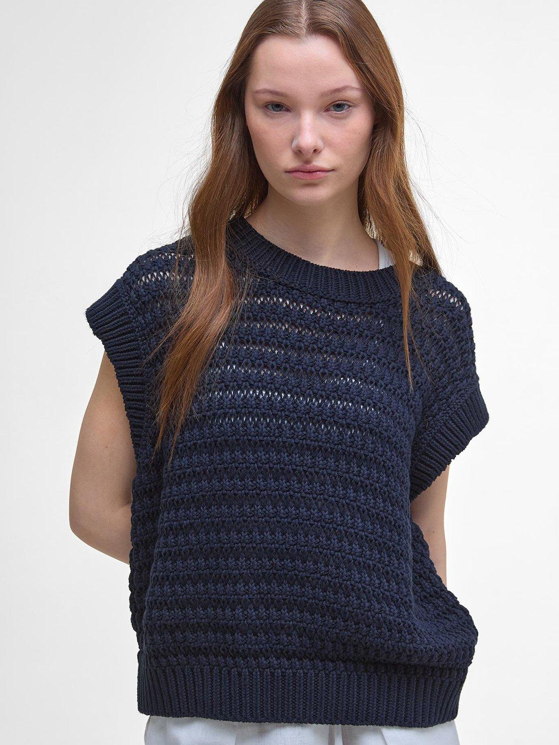 Product image 5 of 6, which shows Barbour Melanie Open Crochet Knit Cotton Sweater Vest, Navy, 10