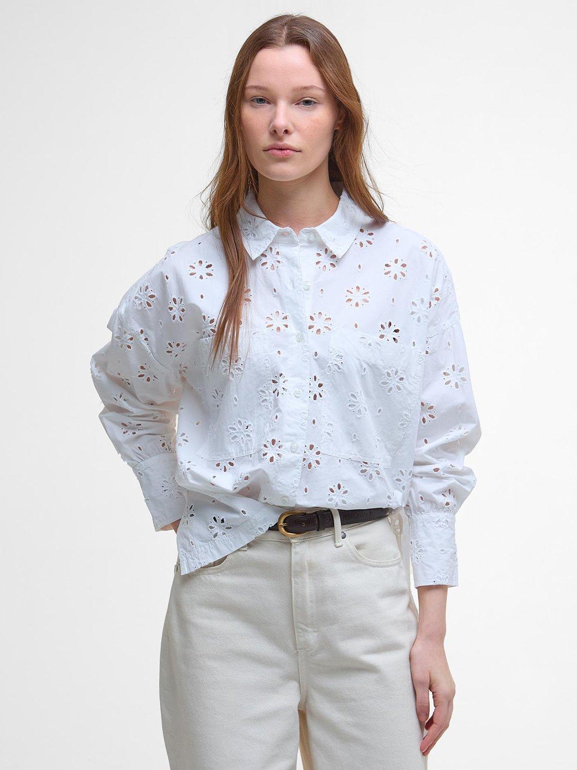 Product image 1 of 7, which shows Barbour Melissa Classic Collared Broderie Cotton Blend Shirt, White, 12
