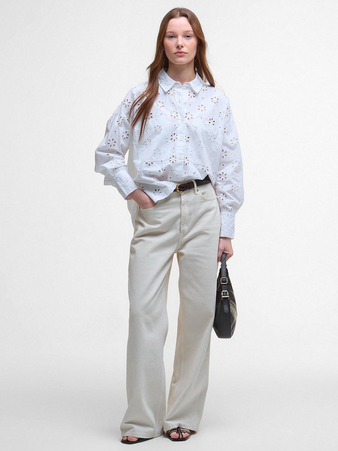 Product image 3 of 7, which shows Barbour Melissa Classic Collared Broderie Cotton Blend Shirt, White, 12