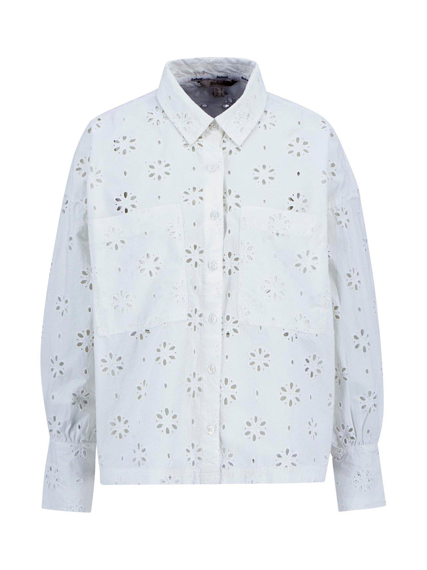 Product image 4 of 7, which shows Barbour Melissa Classic Collared Broderie Cotton Blend Shirt, White, 12