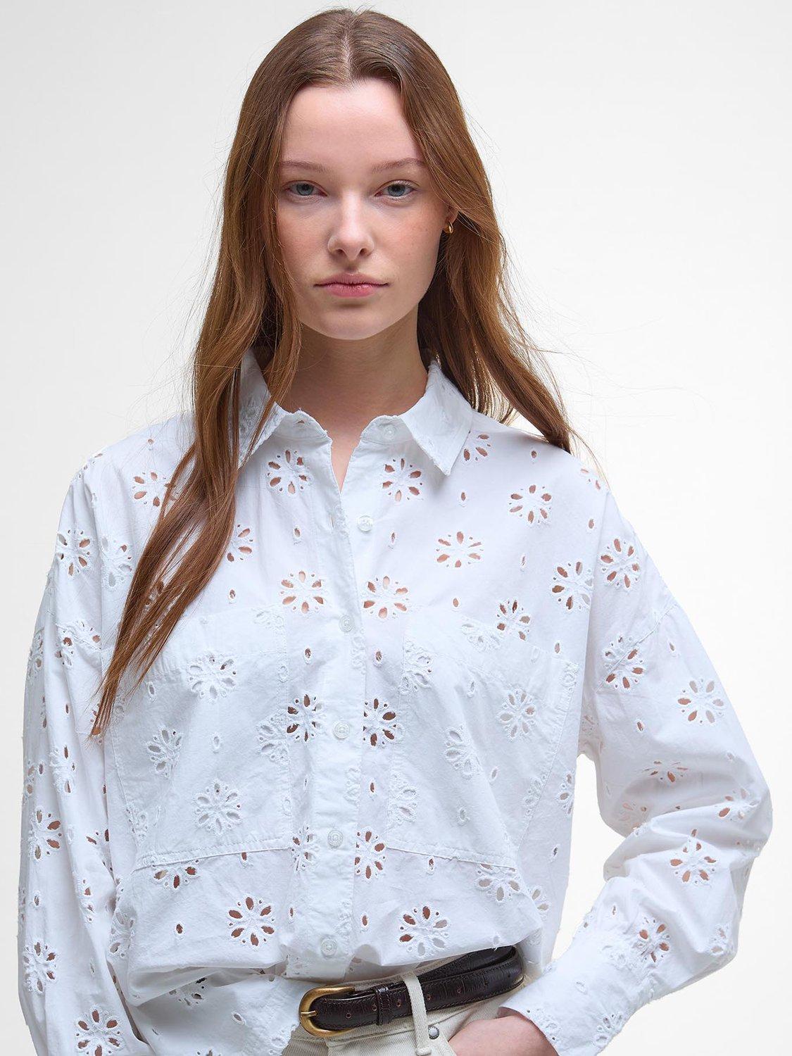 Product image 5 of 7, which shows Barbour Melissa Classic Collared Broderie Cotton Blend Shirt, White, 12