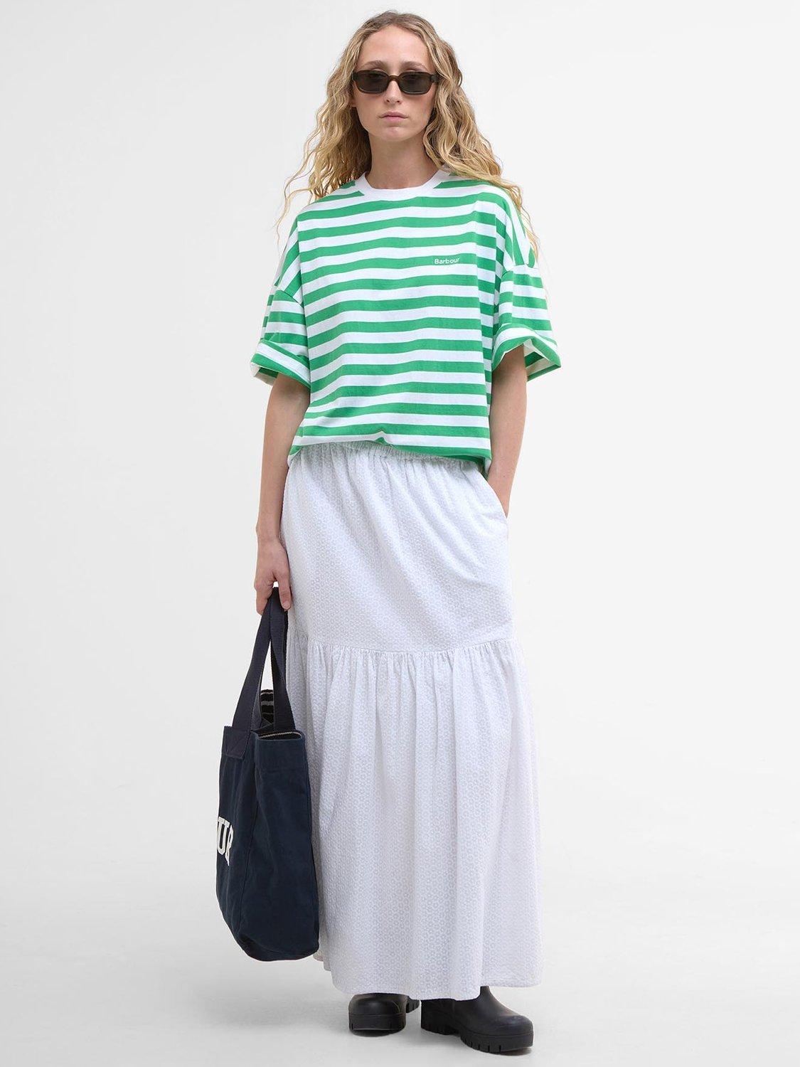 Product image 3 of 6, which shows Barbour Abby Striped Cotton Oversized  T-Shirt, White/Kelly Green, 10